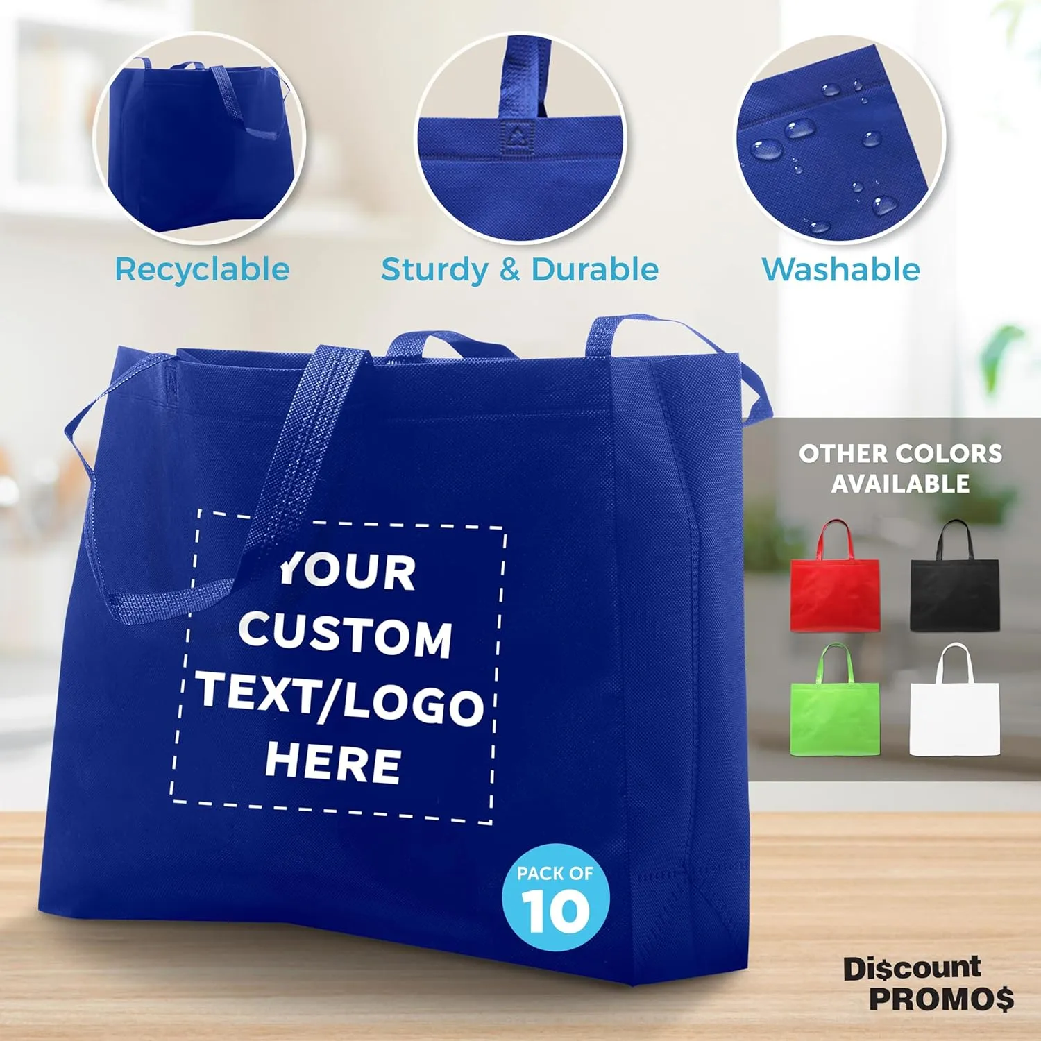 DISCOUNT PROMOS Custom Jumbo Sized Tote Bags Set of 10, Personalized Bulk Pack - Reusable Grocery Bags, Shopping Bags, Promotional Item Totes for Women - Blue