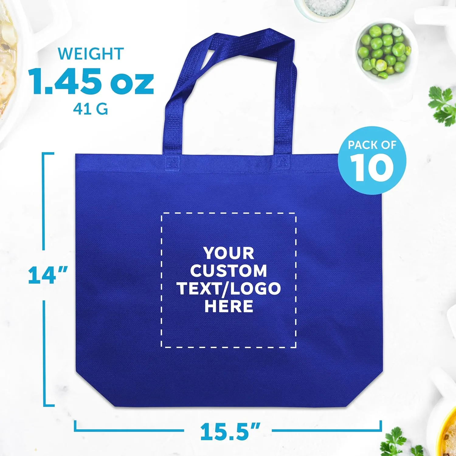 DISCOUNT PROMOS Custom Jumbo Sized Tote Bags Set of 10, Personalized Bulk Pack - Reusable Grocery Bags, Shopping Bags, Promotional Item Totes for Women - Blue
