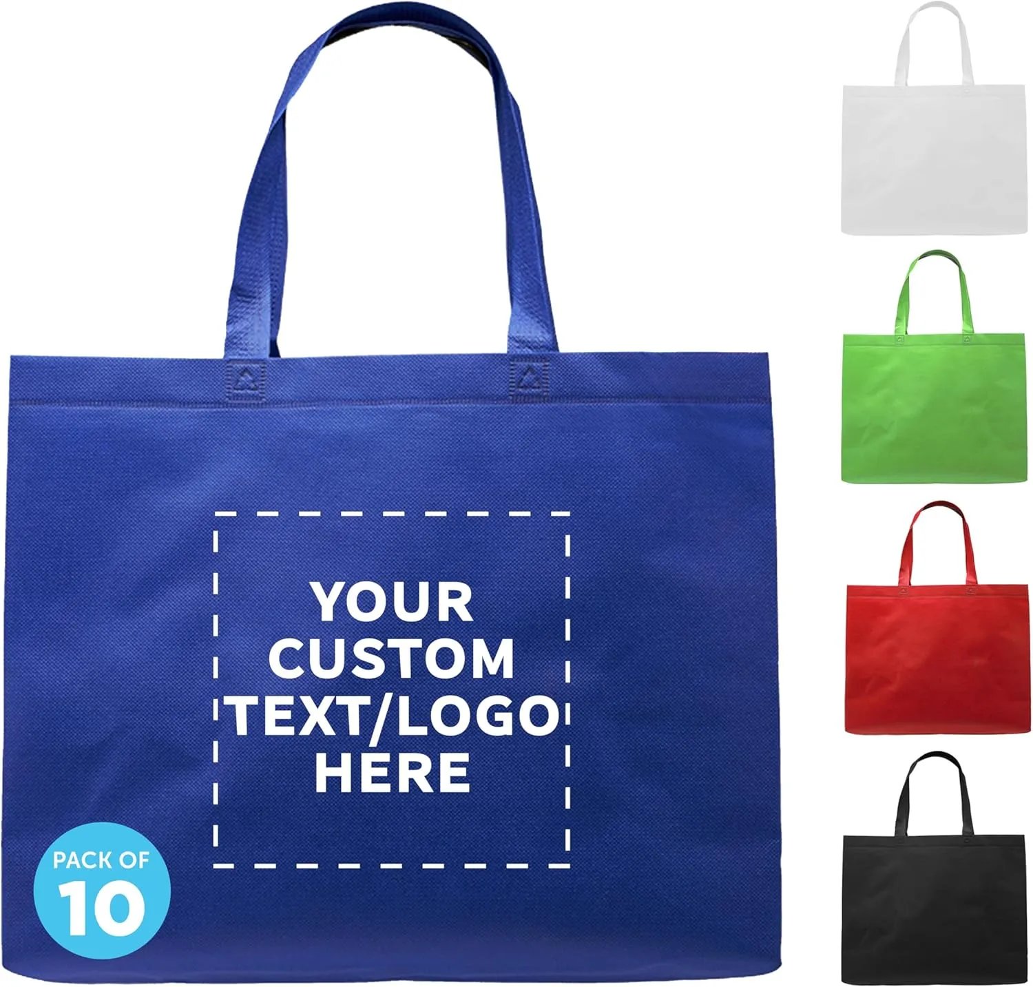 DISCOUNT PROMOS Custom Jumbo Sized Tote Bags Set of 10, Personalized Bulk Pack - Reusable Grocery Bags, Shopping Bags, Promotional Item Totes for Women - Blue