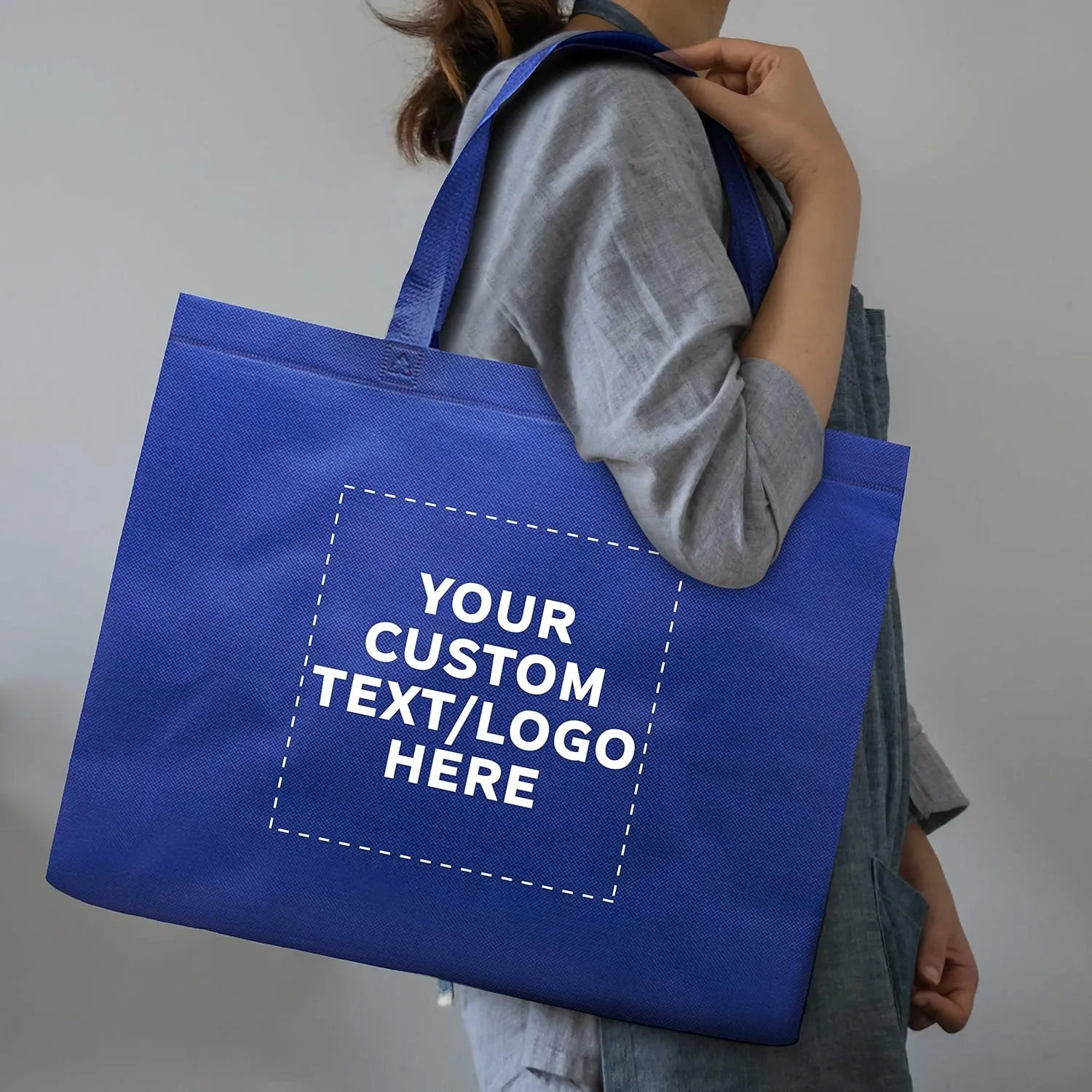 DISCOUNT PROMOS Custom Jumbo Sized Tote Bags Set of 10, Personalized Bulk Pack - Reusable Grocery Bags, Shopping Bags, Promotional Item Totes for Women - Blue