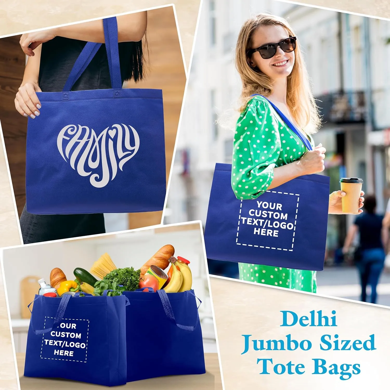 DISCOUNT PROMOS Custom Jumbo Sized Tote Bags Set of 10, Personalized Bulk Pack - Reusable Grocery Bags, Shopping Bags, Promotional Item Totes for Women - Blue
