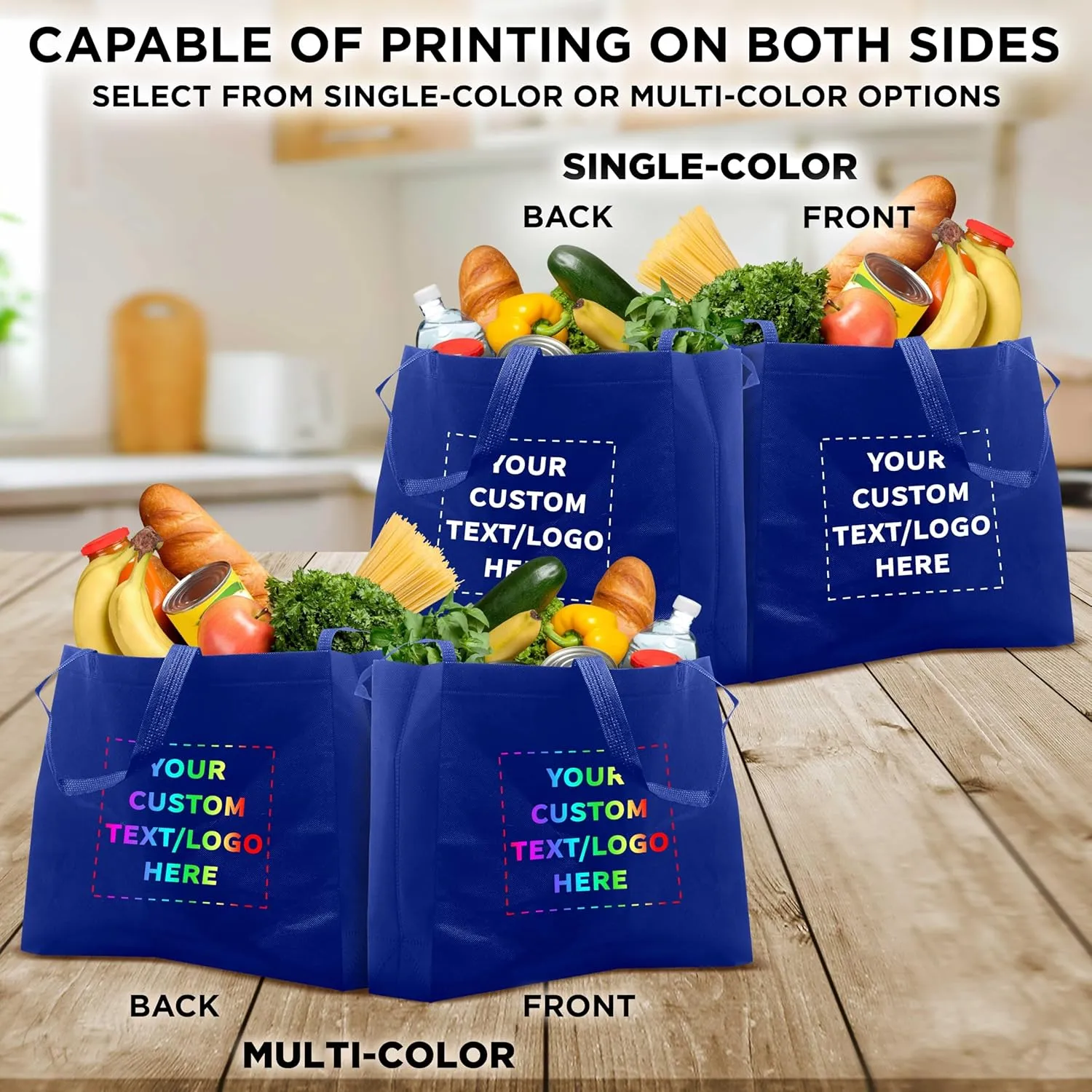DISCOUNT PROMOS Custom Jumbo Sized Tote Bags Set of 10, Personalized Bulk Pack - Reusable Grocery Bags, Shopping Bags, Promotional Item Totes for Women - Blue