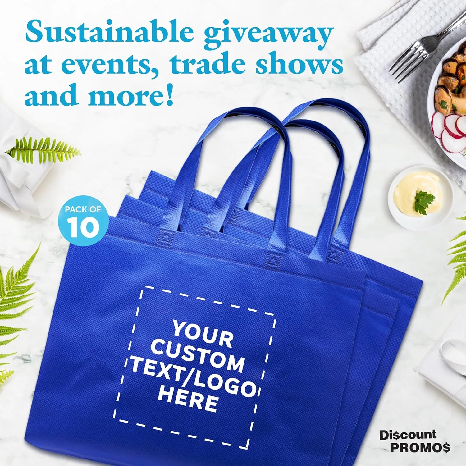 DISCOUNT PROMOS Custom Jumbo Sized Tote Bags Set of 10, Personalized Bulk Pack - Reusable Grocery Bags, Shopping Bags, Promotional Item Totes for Women - Blue