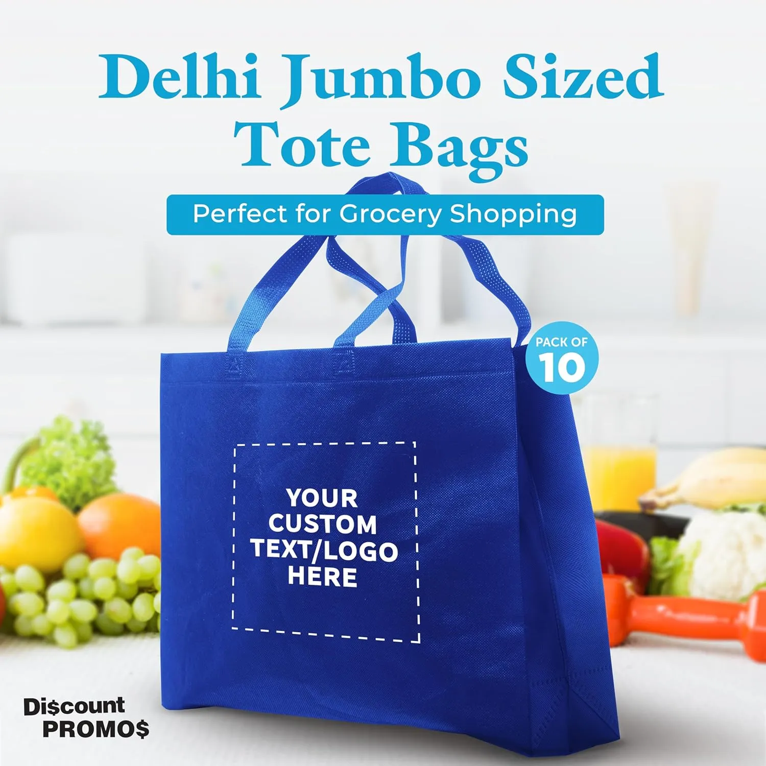 DISCOUNT PROMOS Custom Jumbo Sized Tote Bags Set of 10, Personalized Bulk Pack - Reusable Grocery Bags, Shopping Bags, Promotional Item Totes for Women - Blue