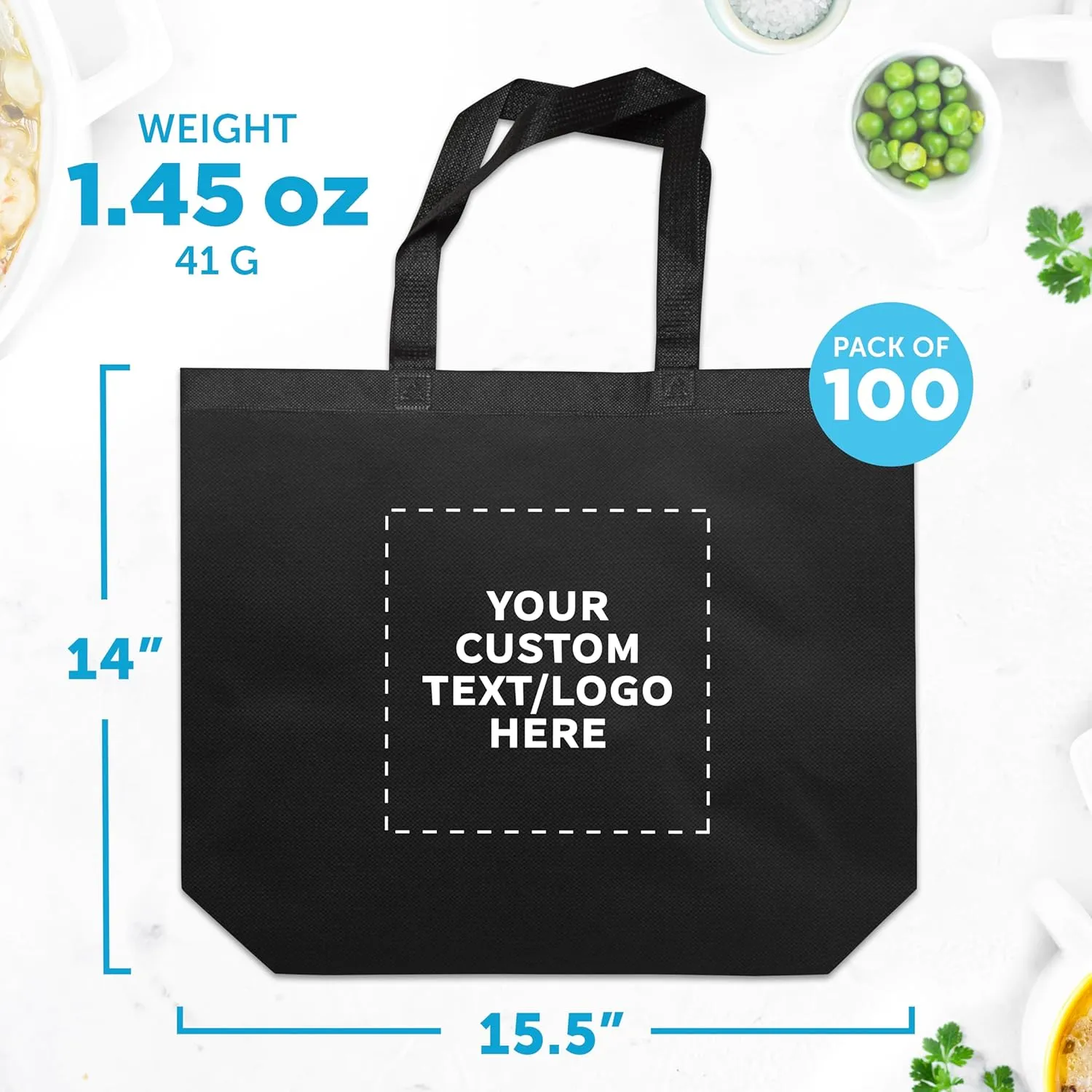 DISCOUNT PROMOS Custom Jumbo Sized Tote Bags Set of 100, Personalized Bulk Pack - Reusable Grocery Bags, Shopping Bags, Promotional Item Totes for Women, Mother's Day Gift Ideas - Black