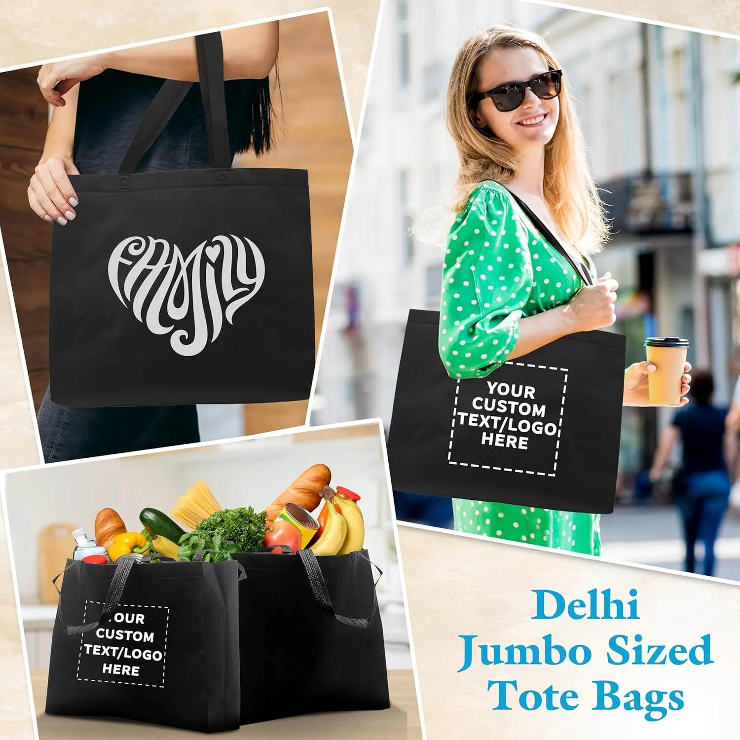 DISCOUNT PROMOS Custom Jumbo Sized Tote Bags Set of 100, Personalized Bulk Pack - Reusable Grocery Bags, Shopping Bags, Promotional Item Totes for Women, Mother's Day Gift Ideas - Black