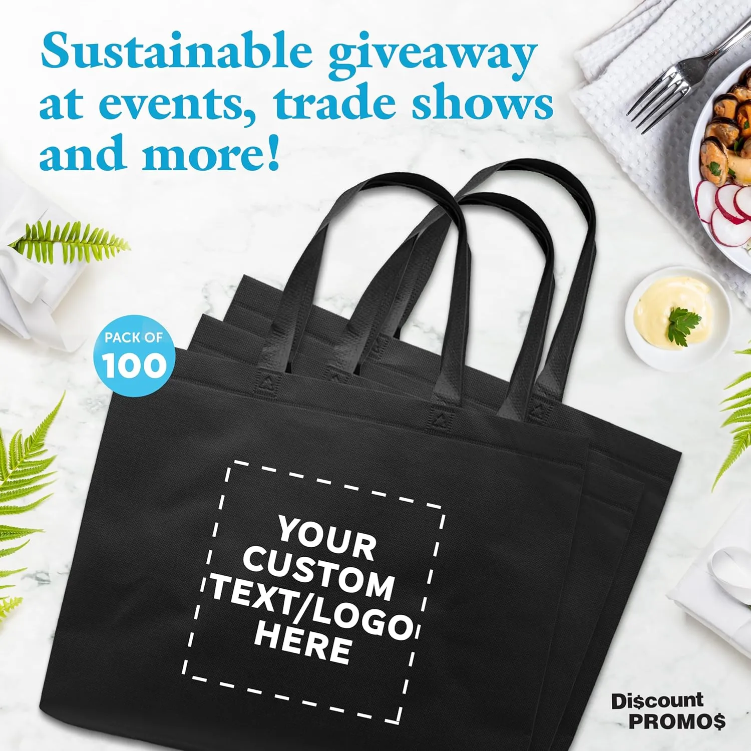 DISCOUNT PROMOS Custom Jumbo Sized Tote Bags Set of 100, Personalized Bulk Pack - Reusable Grocery Bags, Shopping Bags, Promotional Item Totes for Women, Mother's Day Gift Ideas - Black