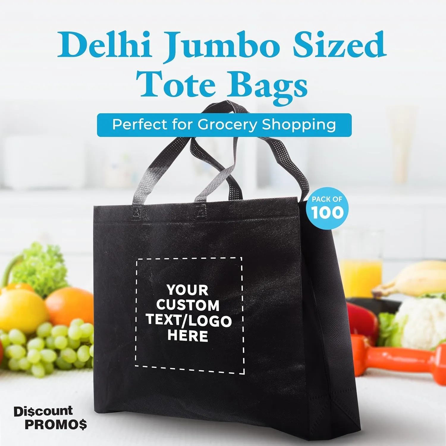 DISCOUNT PROMOS Custom Jumbo Sized Tote Bags Set of 100, Personalized Bulk Pack - Reusable Grocery Bags, Shopping Bags, Promotional Item Totes for Women, Mother's Day Gift Ideas - Black