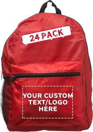 DISCOUNT PROMOS Custom Simple Functional Backpacks Set of 24, Personalized Bulk Pack - Water Resistant, Lightweight - Red