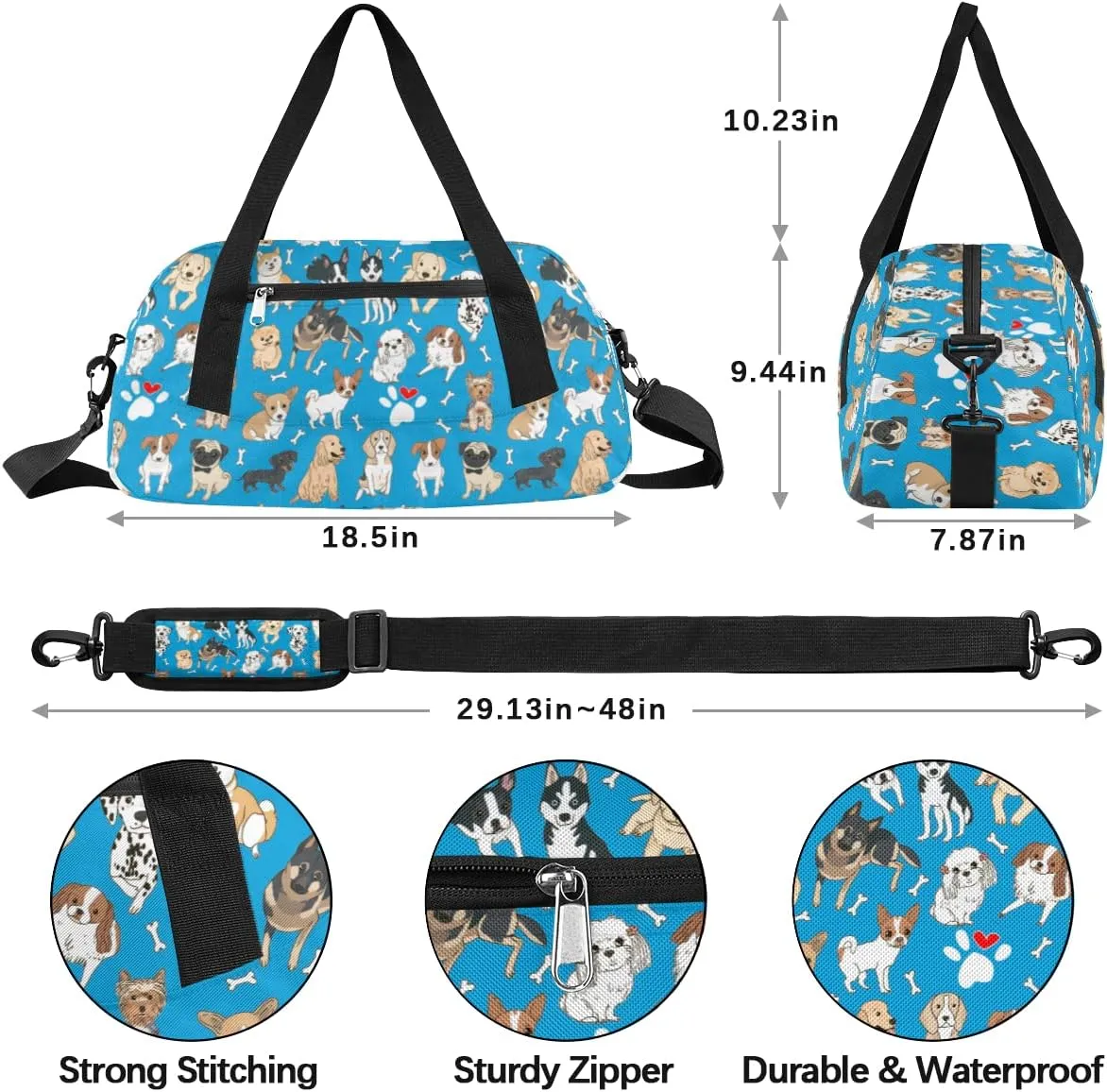 Dog Blue Kids Duffle Bag, Animal Dog Bones Paws Boys Sport Bag Lightweight Water Resistant Foldable Sports Gym Bag Weekender Overnight Sleepover Carry On Travel Bag for Boys