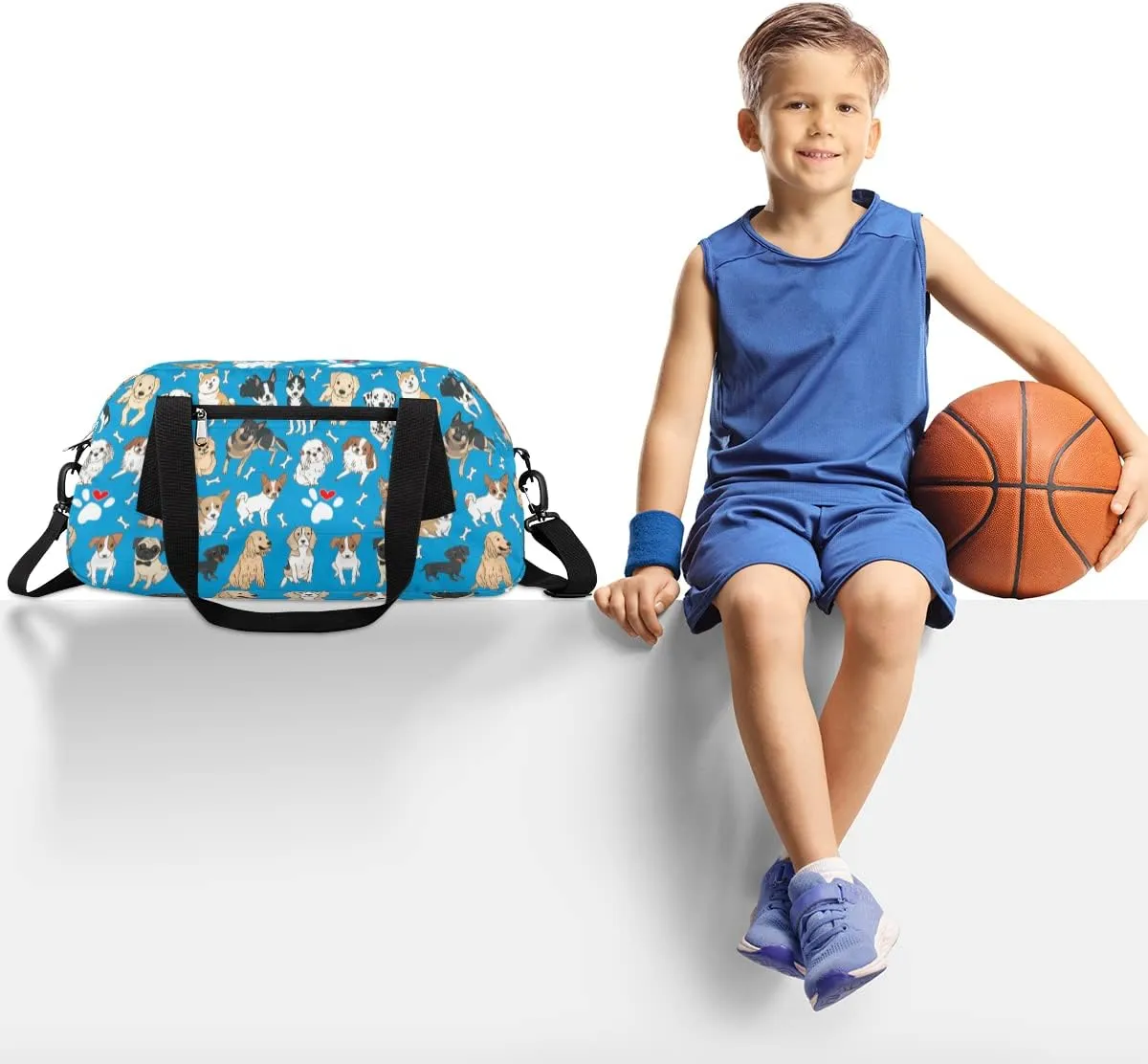 Dog Blue Kids Duffle Bag, Animal Dog Bones Paws Boys Sport Bag Lightweight Water Resistant Foldable Sports Gym Bag Weekender Overnight Sleepover Carry On Travel Bag for Boys