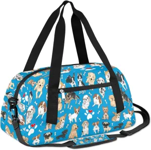 Dog Blue Kids Duffle Bag, Animal Dog Bones Paws Boys Sport Bag Lightweight Water Resistant Foldable Sports Gym Bag Weekender Overnight Sleepover Carry On Travel Bag for Boys