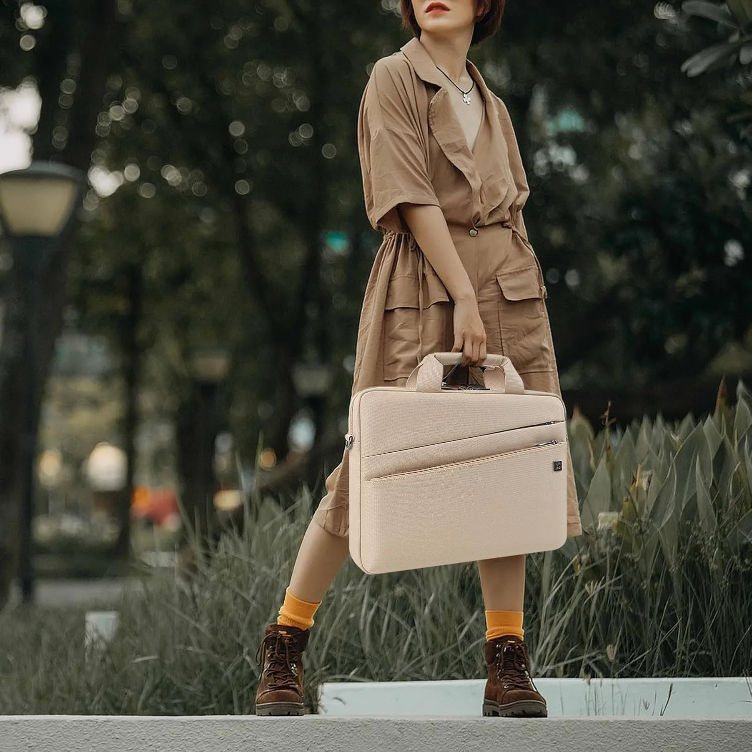 DOMISO 17 Inch Shockproof Laptop Carrying Case Business Briefcase Waterproof Messenger Shoulder Bag for 17"-17.3" Notebook/Chromebook/Dell/Lenovo/Acer/HP/MSI/ASUS, Beige