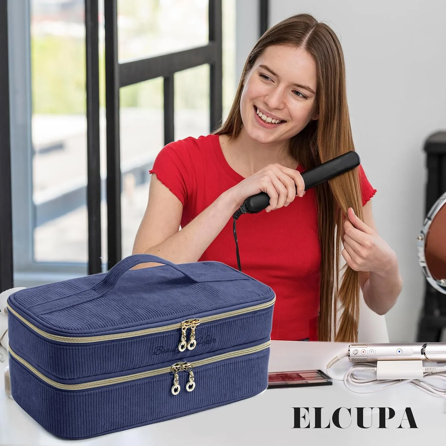 Double-layer Hair Tools Travel Case with Black Hair Dryer Bag with Detachable Divider compatible with Shark FlexStyle/SmoothStyle - Flat Curling Iron Travel Organizer