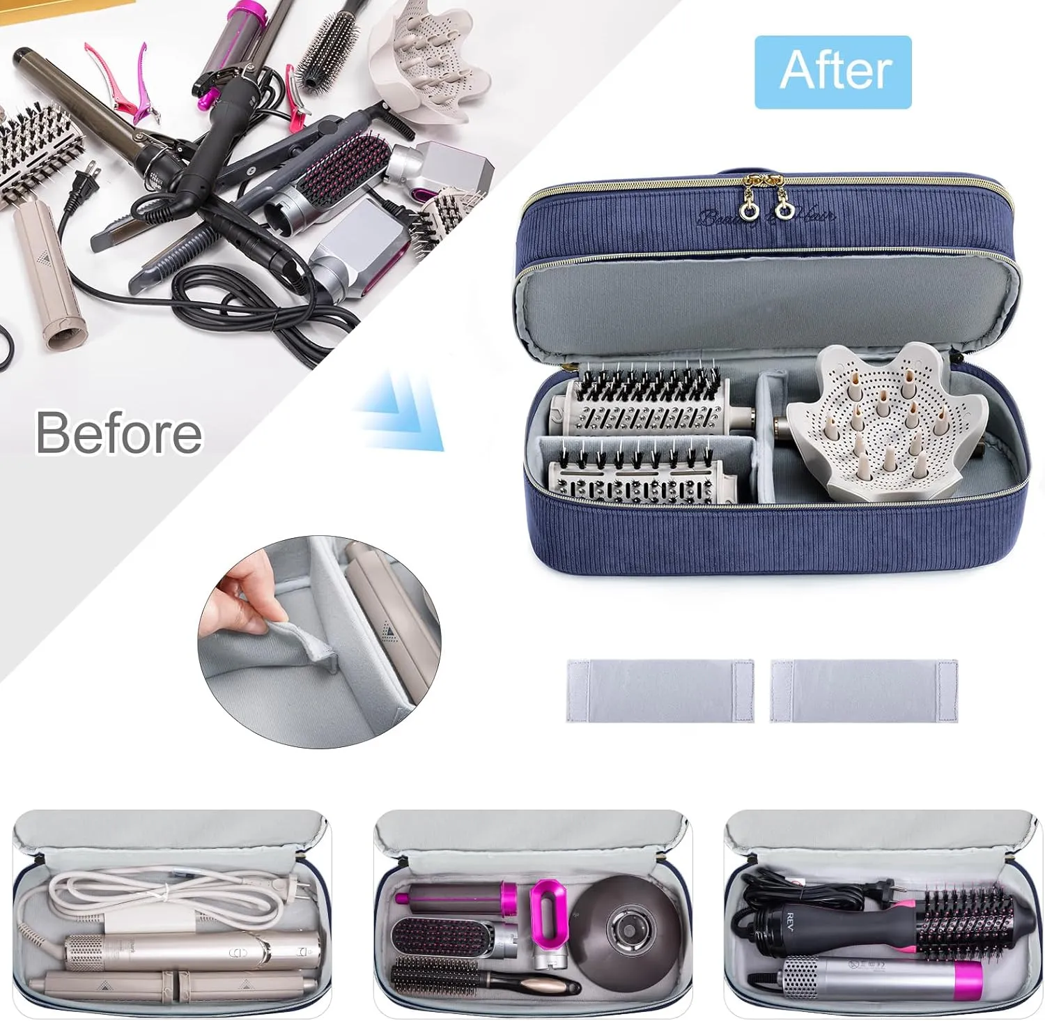 Double-layer Hair Tools Travel Case with Black Hair Dryer Bag with Detachable Divider compatible with Shark FlexStyle/SmoothStyle - Flat Curling Iron Travel Organizer