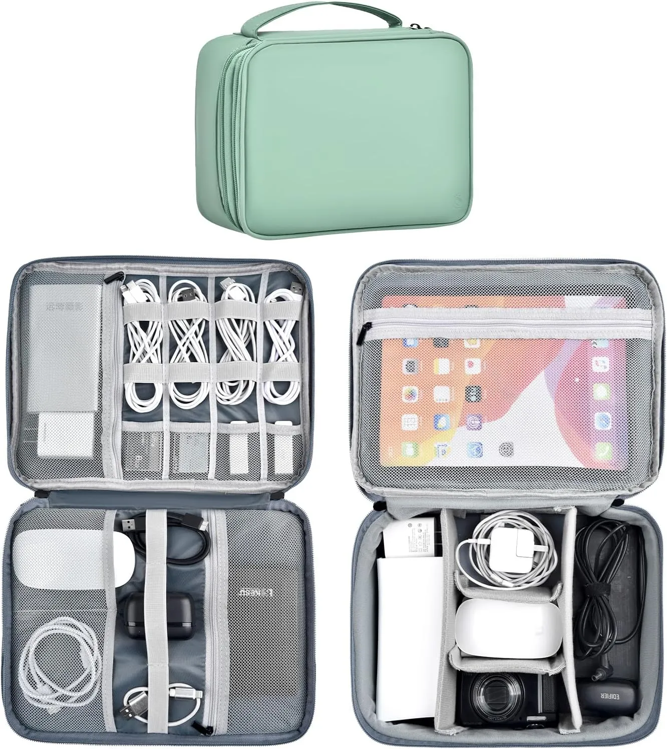 Double Layer Leather Cable Organizer Bag Large Capacity Waterproof Tech Organizer Case for Travel Electronics Accessories Storage Case with Adjustable Divider(Light Green, Double Layer-Large)