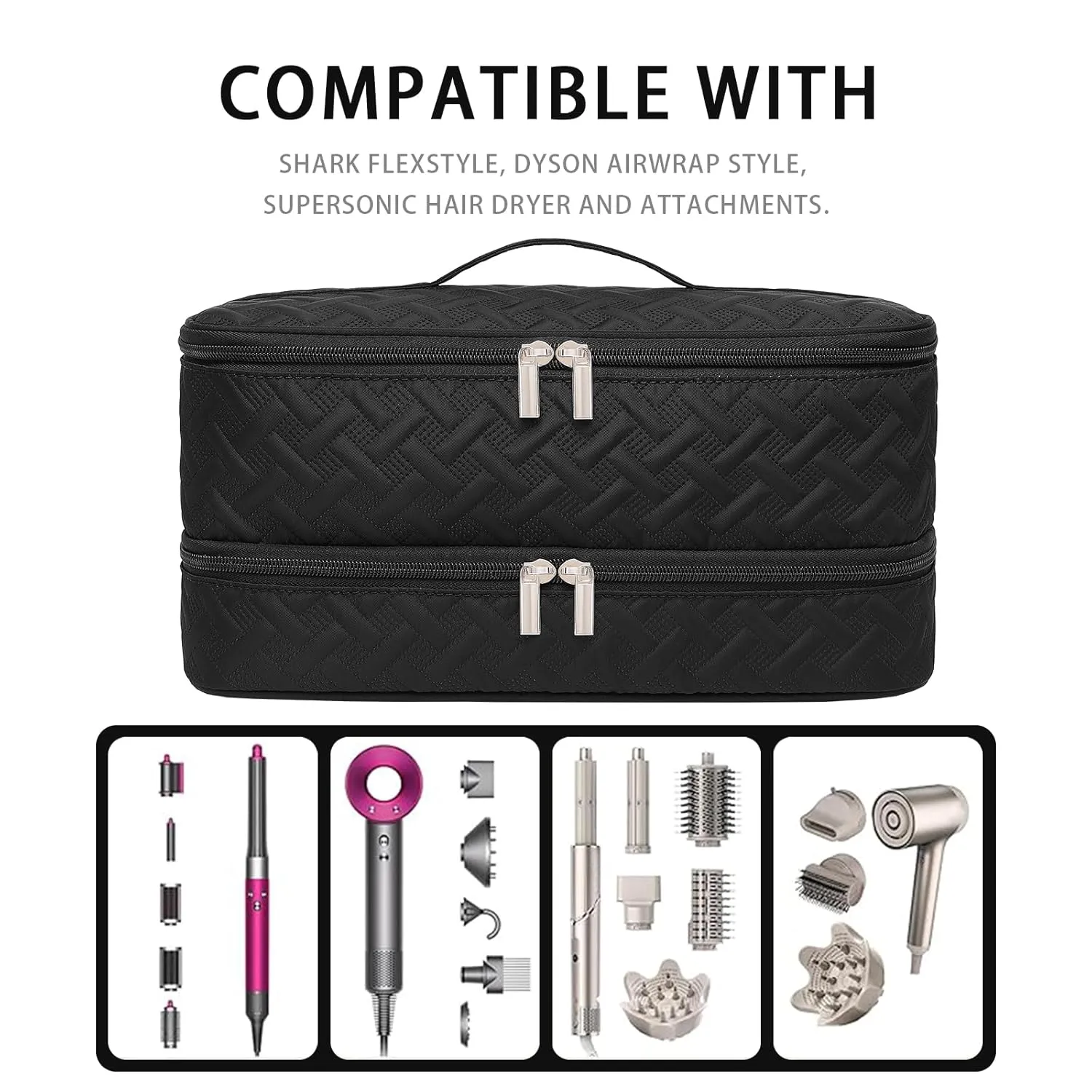 Double-Layer Travel Carrying Case for Revlon One-Step Hair Dryer Brush Volumizer Styler Shark FlexStyle Attachment Portable Storage Organizer Bag Hair Tools Travel Bag (Black)