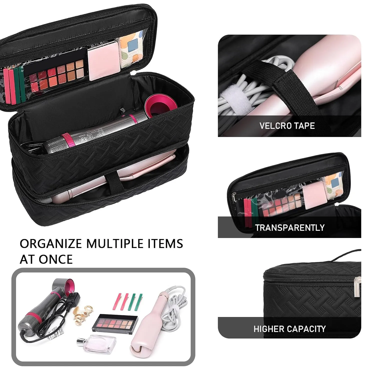 Double-Layer Travel Carrying Case for Revlon One-Step Hair Dryer Brush Volumizer Styler Shark FlexStyle Attachment Portable Storage Organizer Bag Hair Tools Travel Bag (Black)