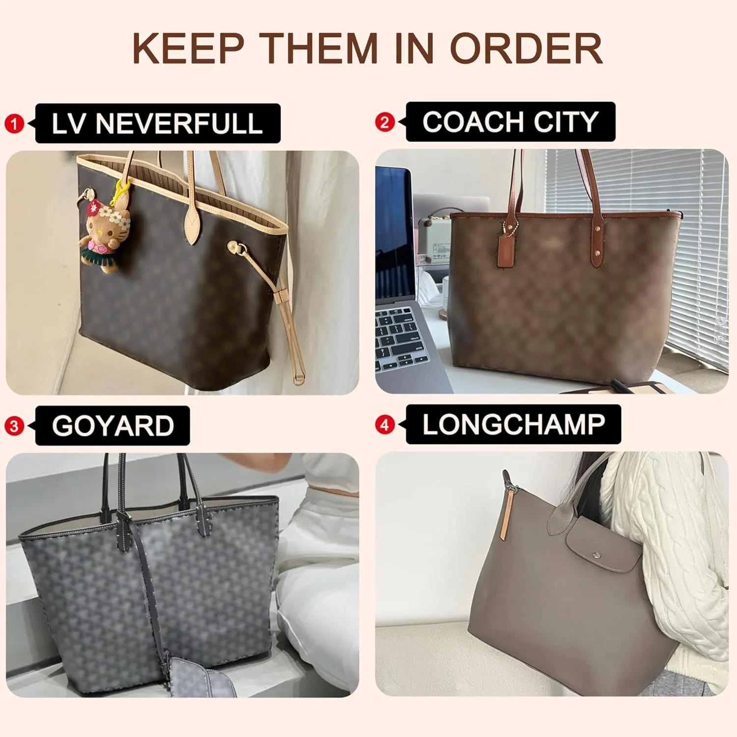 Doxo Dupontpaper Utra Lightweight Purse Organizer sert for LV Neverfull MM/Large Bags, Bag Shapers for Luxury Handbags (White-no zipper,MM)