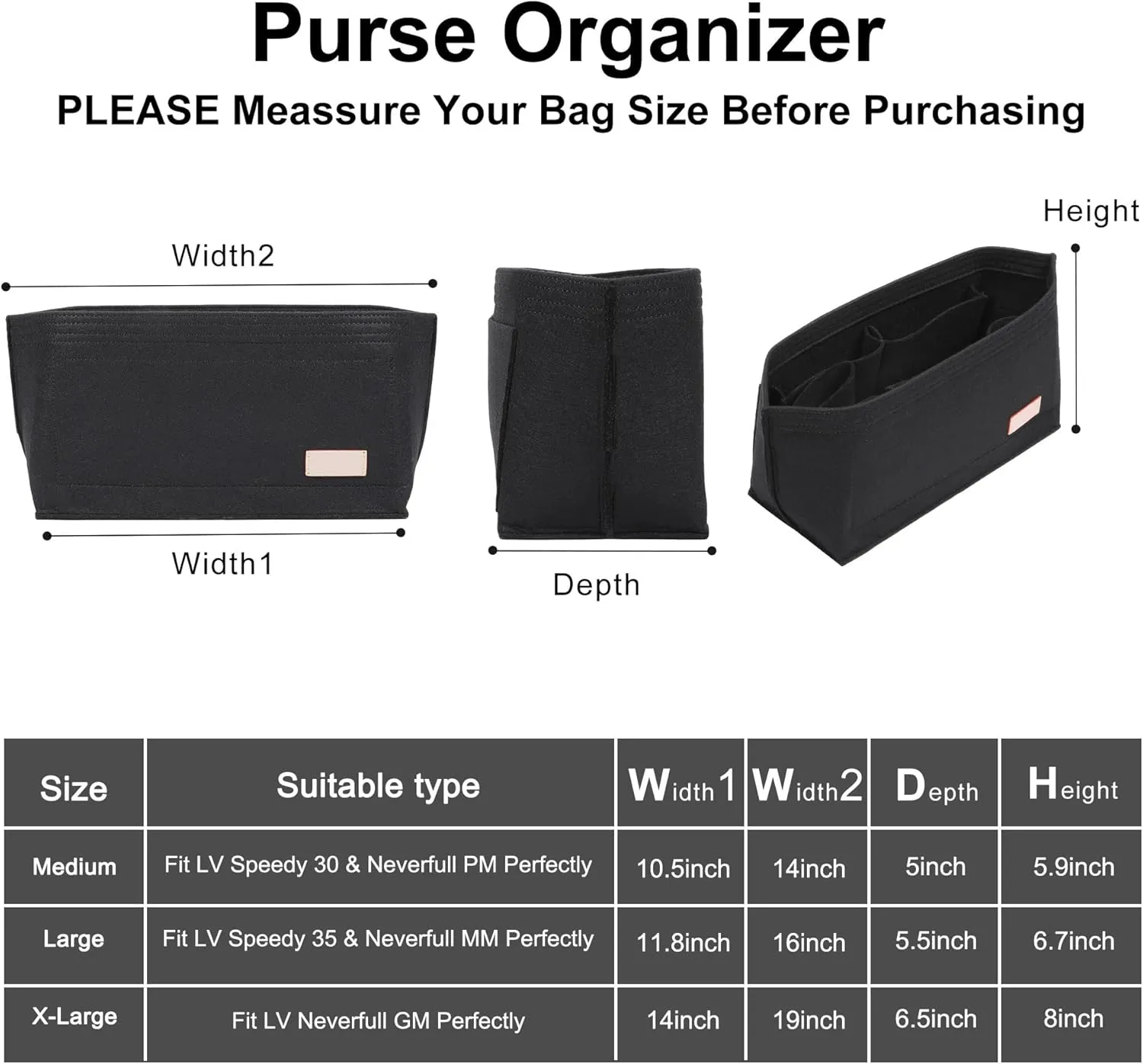 Doxo Purse Organizer Insert, Felt Bag Insert Tote Shaper Fit LV Speedy 30, Neverfull PM & Base Shaper 2pc Set (Medium-Black-Combination)