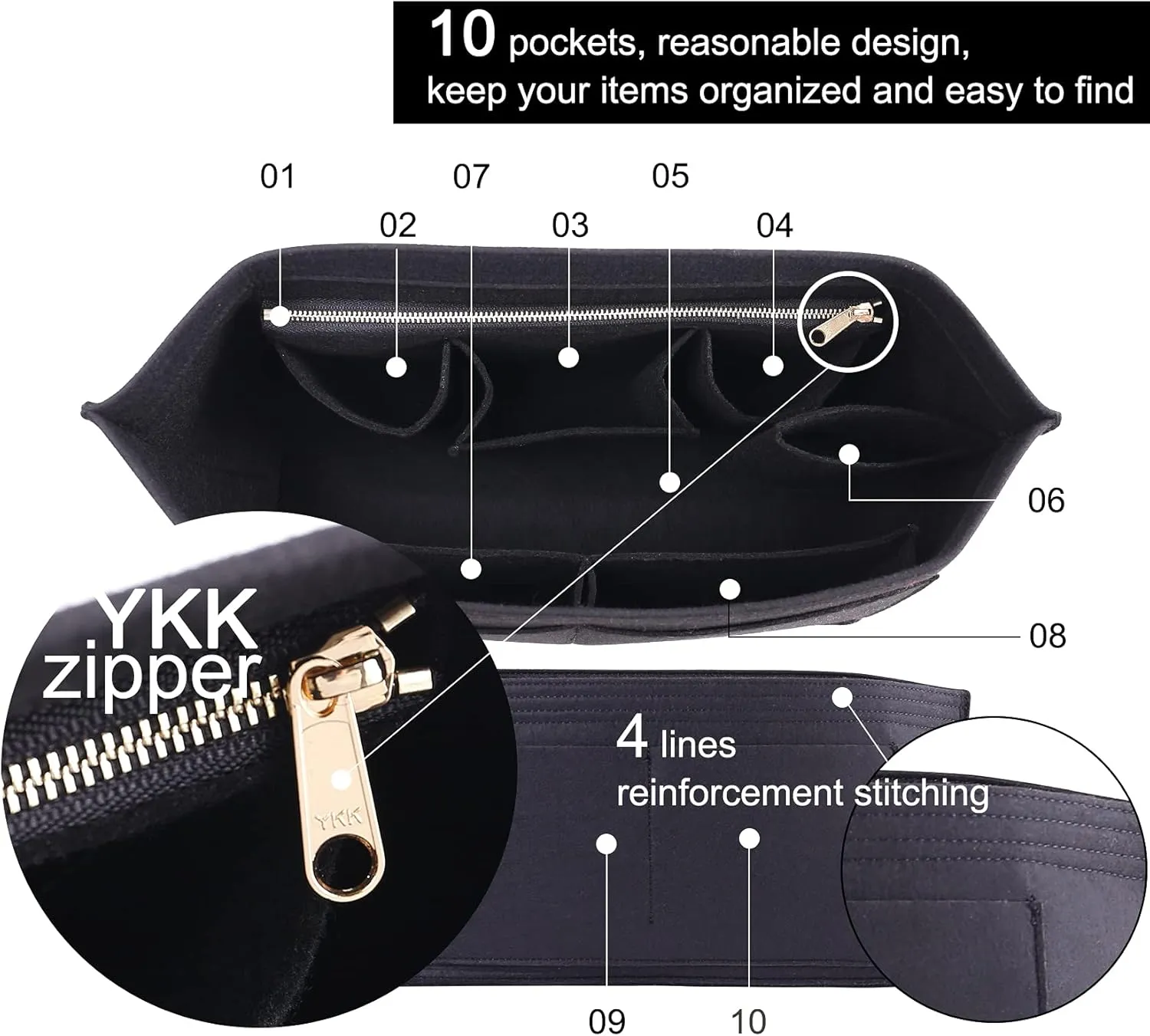 Doxo Purse Organizer Insert, Felt Bag Insert Tote Shaper Fit LV Speedy 30, Neverfull PM & Base Shaper 2pc Set (Medium-Black-Combination)
