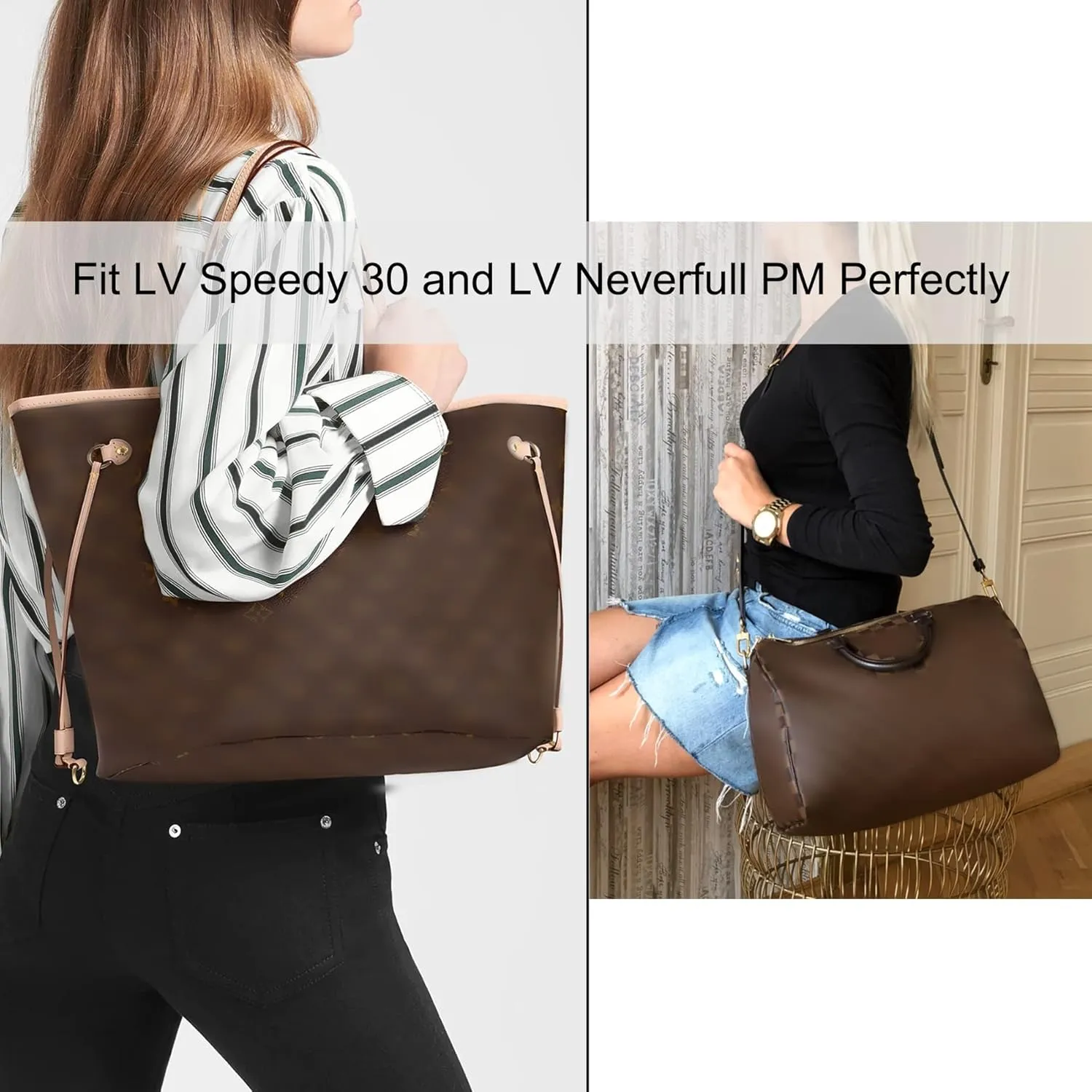 Doxo Purse Organizer Insert, Felt Bag Insert Tote Shaper Fit LV Speedy 30, Neverfull PM & Base Shaper 2pc Set (Medium-Black-Combination)