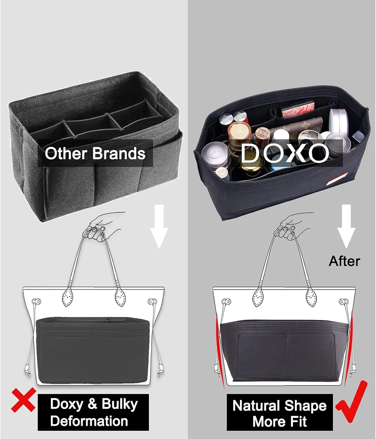 Doxo Purse Organizer Insert, Felt Bag Insert Tote Shaper Fit LV Speedy 30, Neverfull PM & Base Shaper 2pc Set (Medium-Black-Combination)