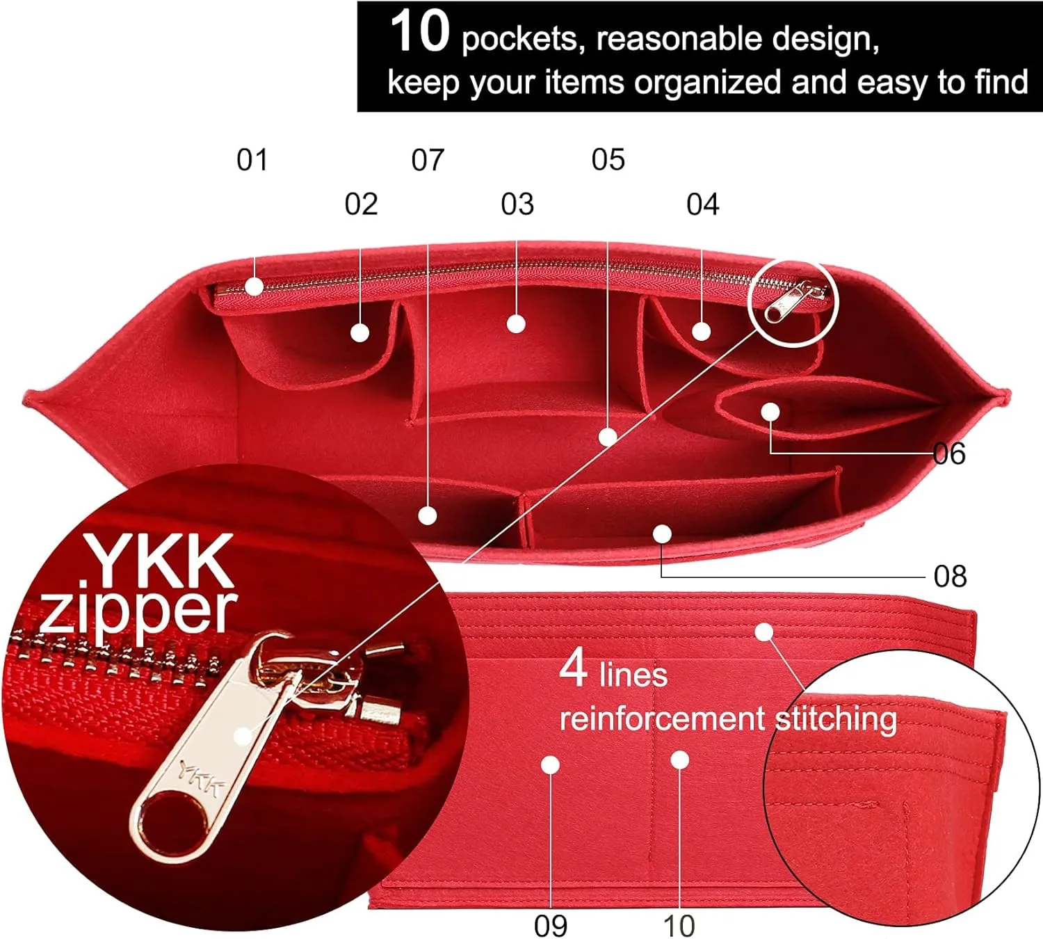 Doxo Purse Organizer Insert Handbag & Tote Felt Bag Fits L Neverfull GM & Base Shaper 2pc Set (X-Large, Red-Combination)