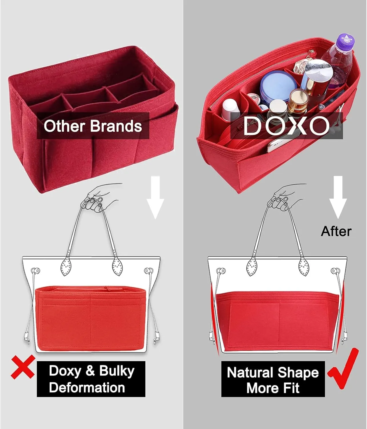 Doxo Purse Organizer Insert Handbag & Tote Felt Bag Fits L Neverfull GM & Base Shaper 2pc Set (X-Large, Red-Combination)