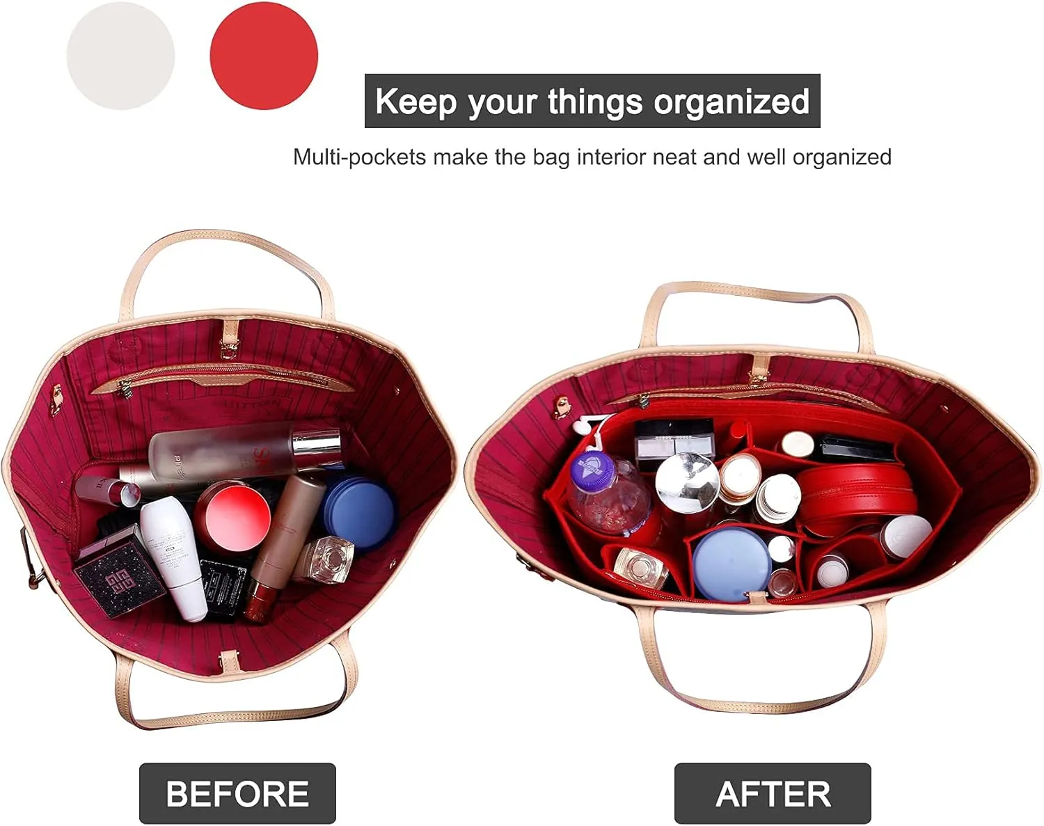 Doxo Purse Organizer Insert Handbag & Tote Felt Bag Fits L Neverfull GM & Base Shaper 2pc Set (X-Large, Red-Combination)