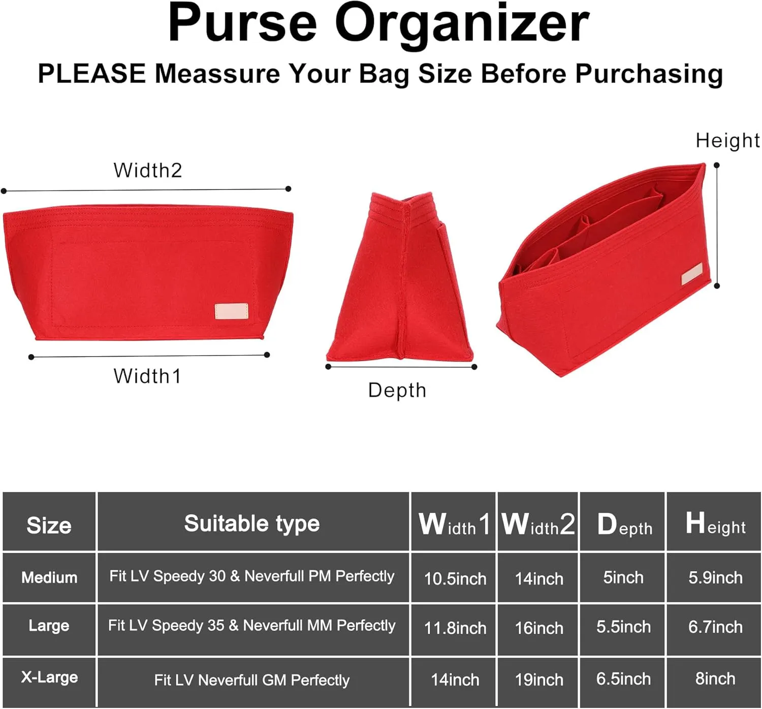 Doxo Purse Organizer Insert Handbag & Tote Felt Bag Fits L Neverfull GM & Base Shaper 2pc Set (X-Large, Red-Combination)