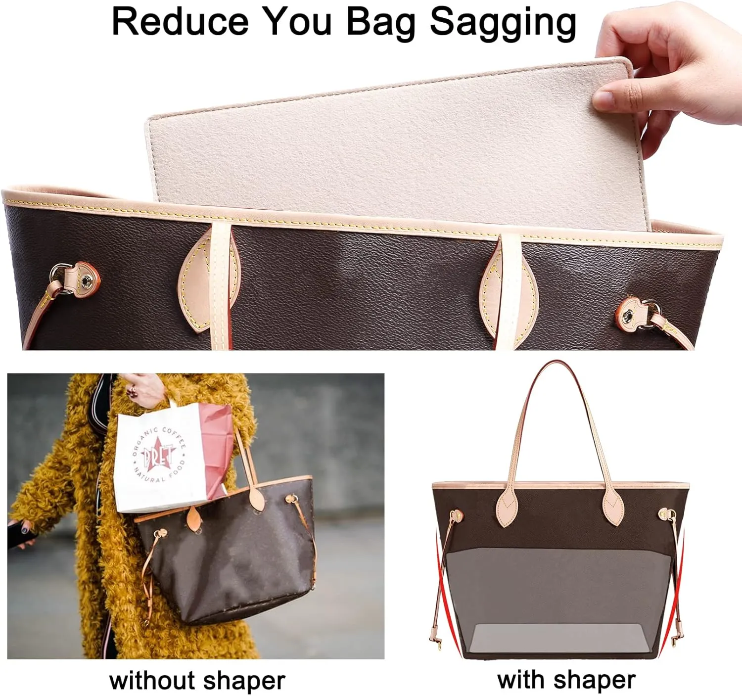 Doxo Purse Organizer Insert Handbag Tote Felt Bag Fit L Neverfull GM & Base Shaper 2pc Set(X-Large,Beige-Combination)