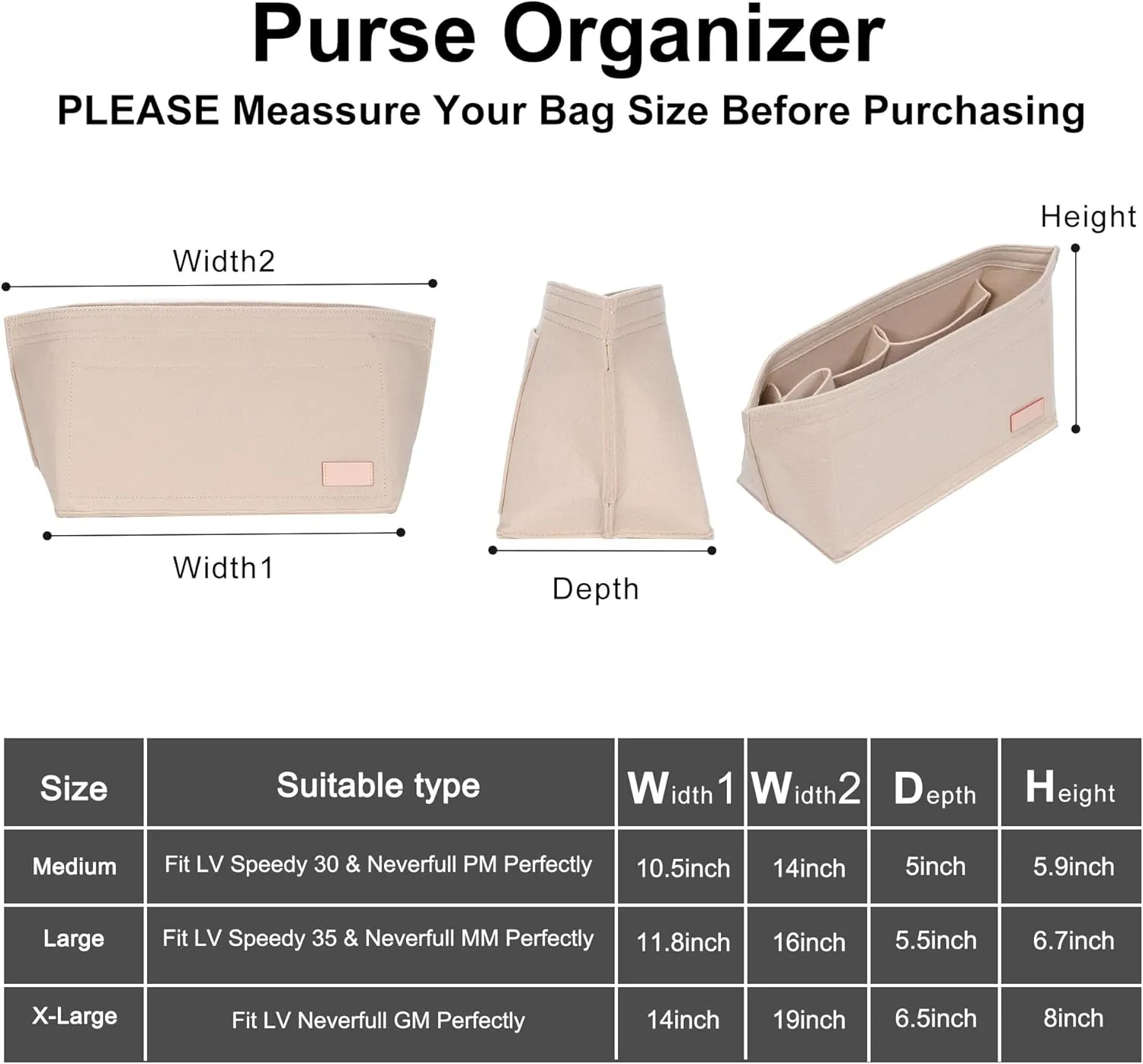 Doxo Purse Organizer Insert Handbag Tote Felt Bag Fit L Neverfull GM & Base Shaper 2pc Set(X-Large,Beige-Combination)