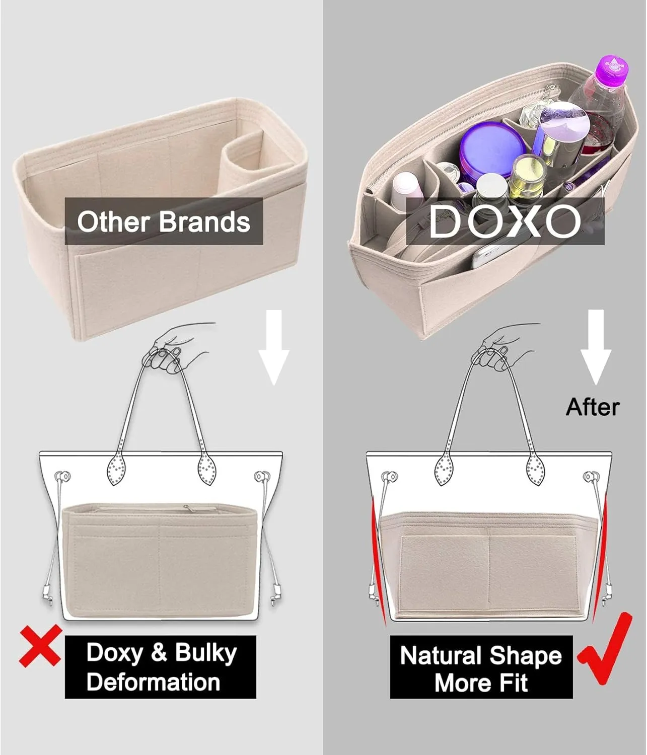 Doxo Purse Organizer Insert Handbag Tote Felt Bag Fit L Neverfull GM & Base Shaper 2pc Set(X-Large,Beige-Combination)