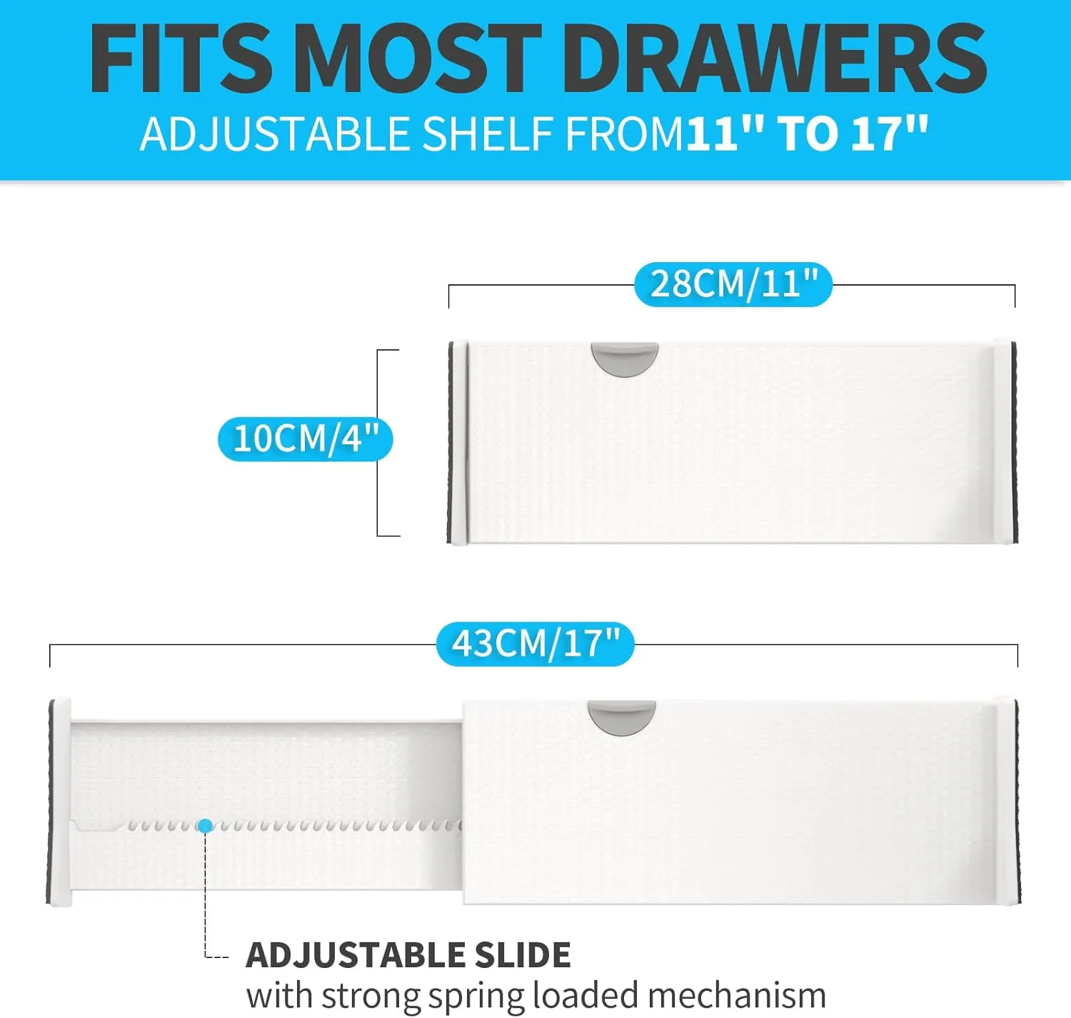 Drawer Dividers Organizer 8 Pack, Adjustable Separators 4" High Expandable from 11-17" for Bedroom, Bathroom, Closet, Clothing, Office, Kitchen (White, 8 PACK)