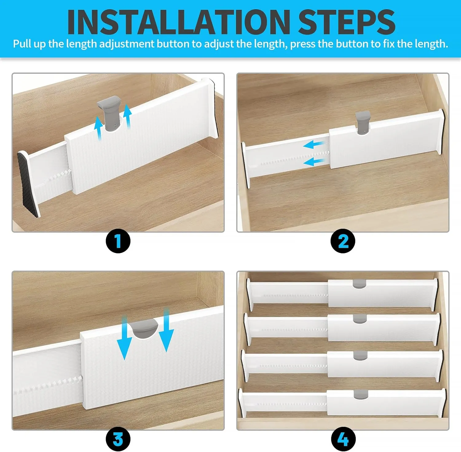 Drawer Dividers Organizer 8 Pack, Adjustable Separators 4" High Expandable from 11-17" for Bedroom, Bathroom, Closet, Clothing, Office, Kitchen (White, 8 PACK)