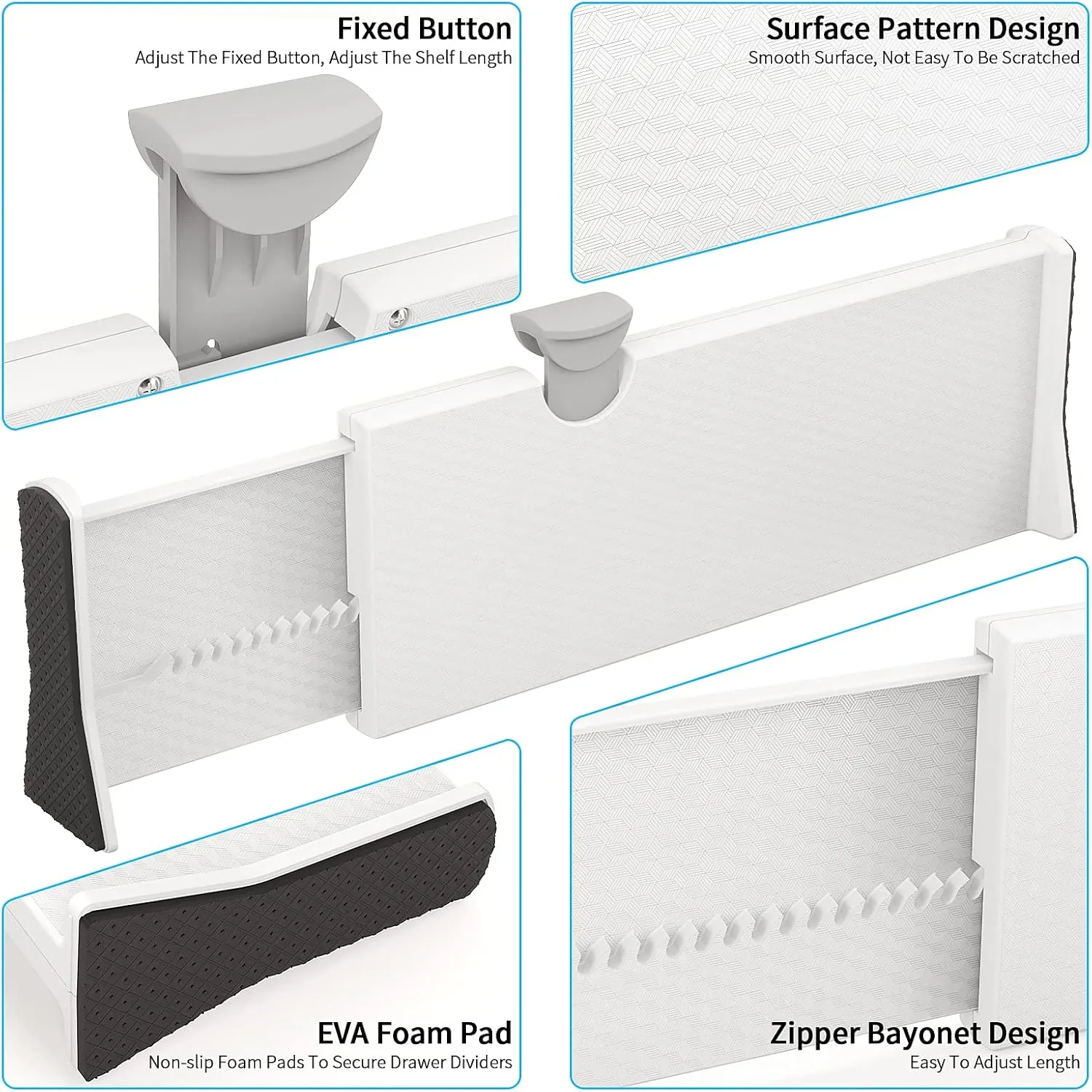 Drawer Dividers Organizer 8 Pack, Adjustable Separators 4" High Expandable from 11-17" for Bedroom, Bathroom, Closet, Clothing, Office, Kitchen (White, 8 PACK)