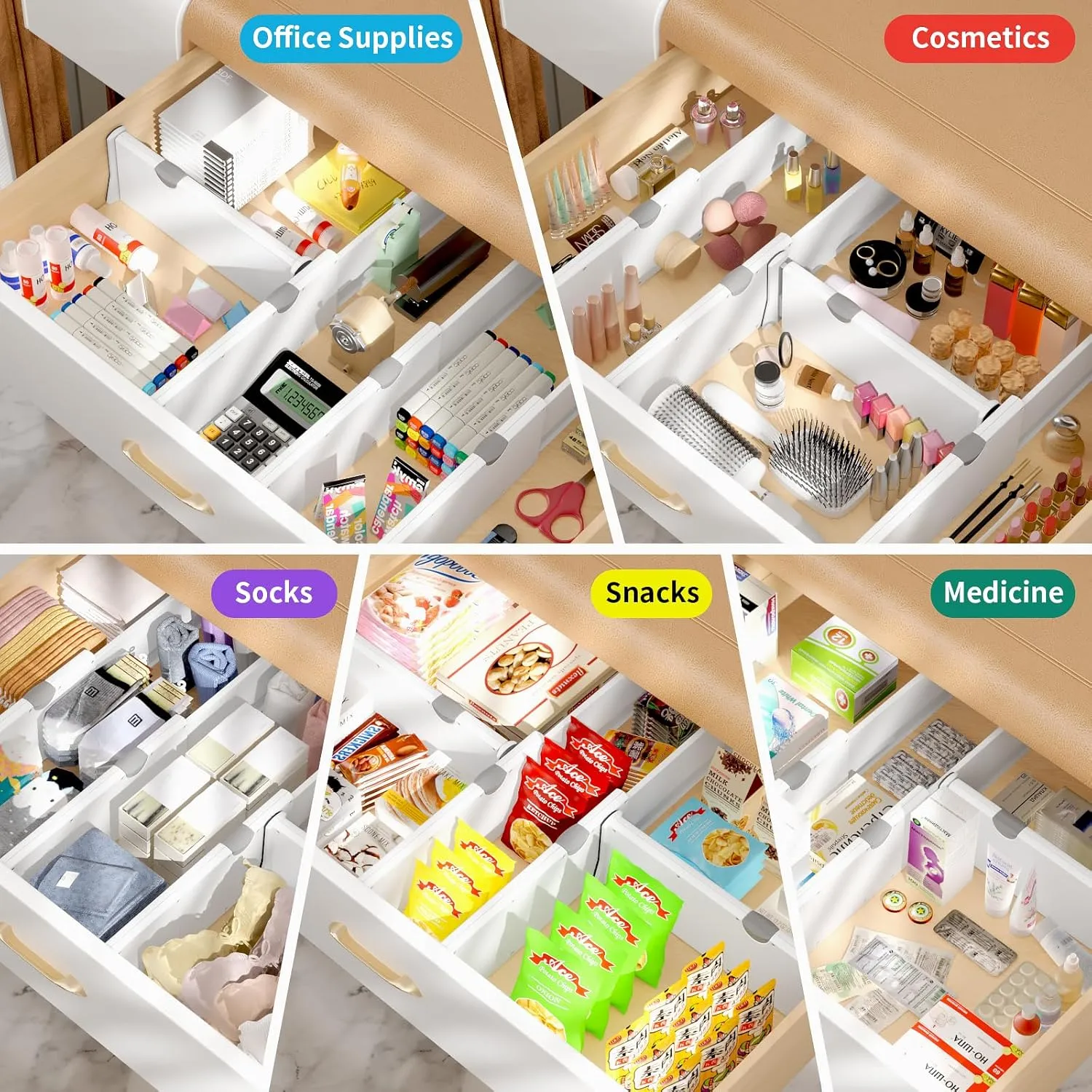 Drawer Dividers Organizer 8 Pack, Adjustable Separators 4" High Expandable from 11-17" for Bedroom, Bathroom, Closet, Clothing, Office, Kitchen (White, 8 PACK)