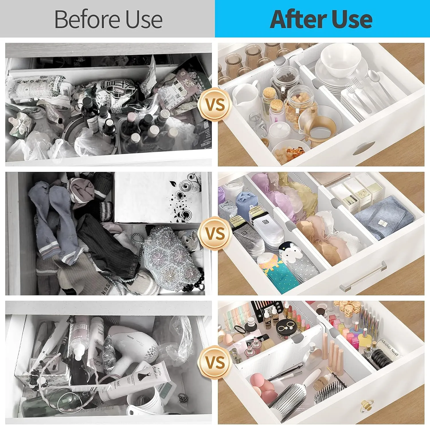 Drawer Dividers Organizer 8 Pack, Adjustable Separators 4" High Expandable from 11-17" for Bedroom, Bathroom, Closet, Clothing, Office, Kitchen (White, 8 PACK)