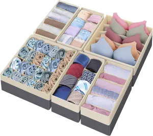 Drawer Organizer Divider, Foldable Closet Storage Organizer Basket, and Fabric Organization Bins for Clothes, Socks, Underwear, Bras, Ties, Accessories, 6 Pcs (Beige & Dark Grey)