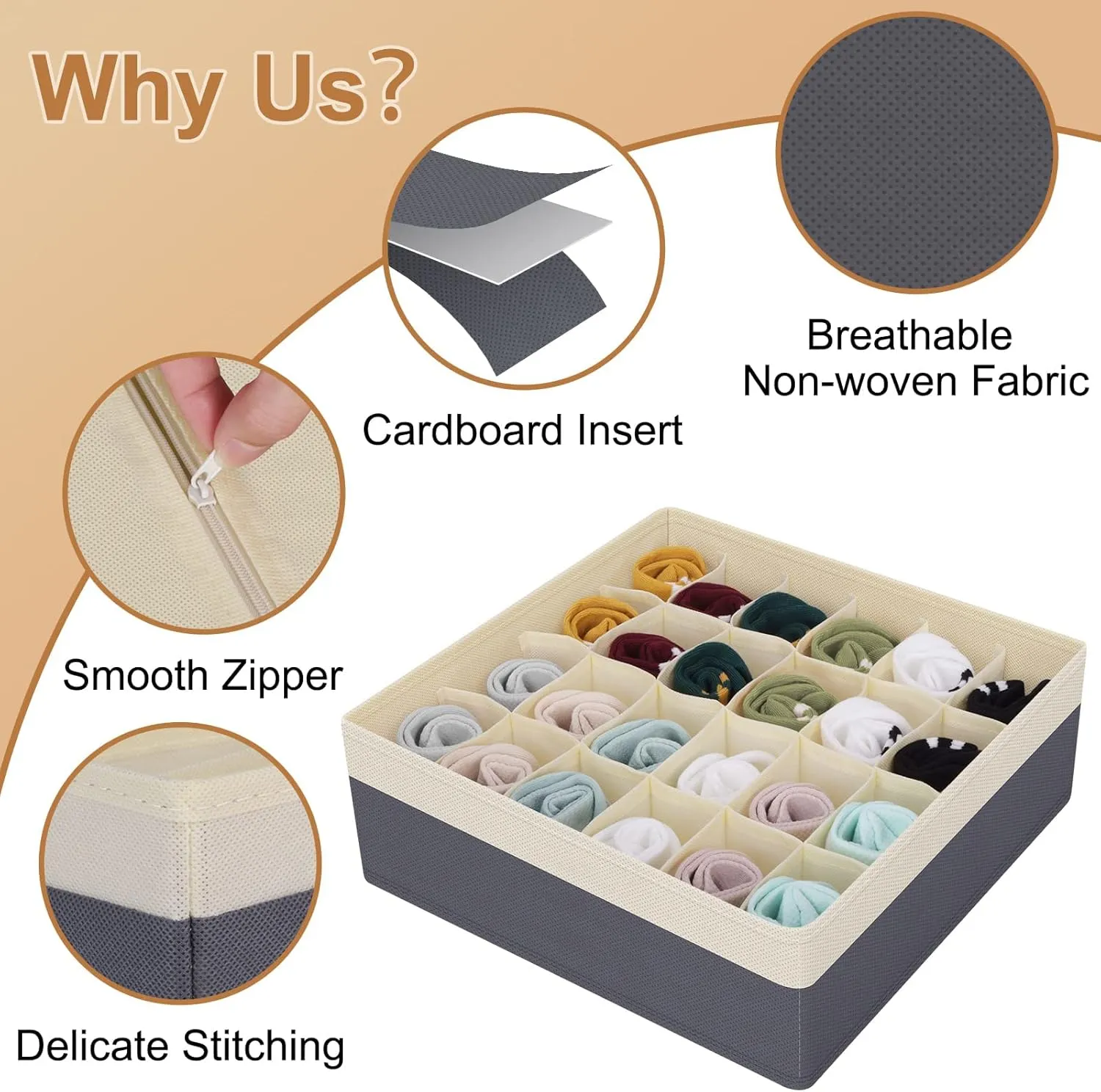 Drawer Organizer Divider, Foldable Closet Storage Organizer Basket, and Fabric Organization Bins for Clothes, Socks, Underwear, Bras, Ties, Accessories, 6 Pcs (Beige & Dark Grey)