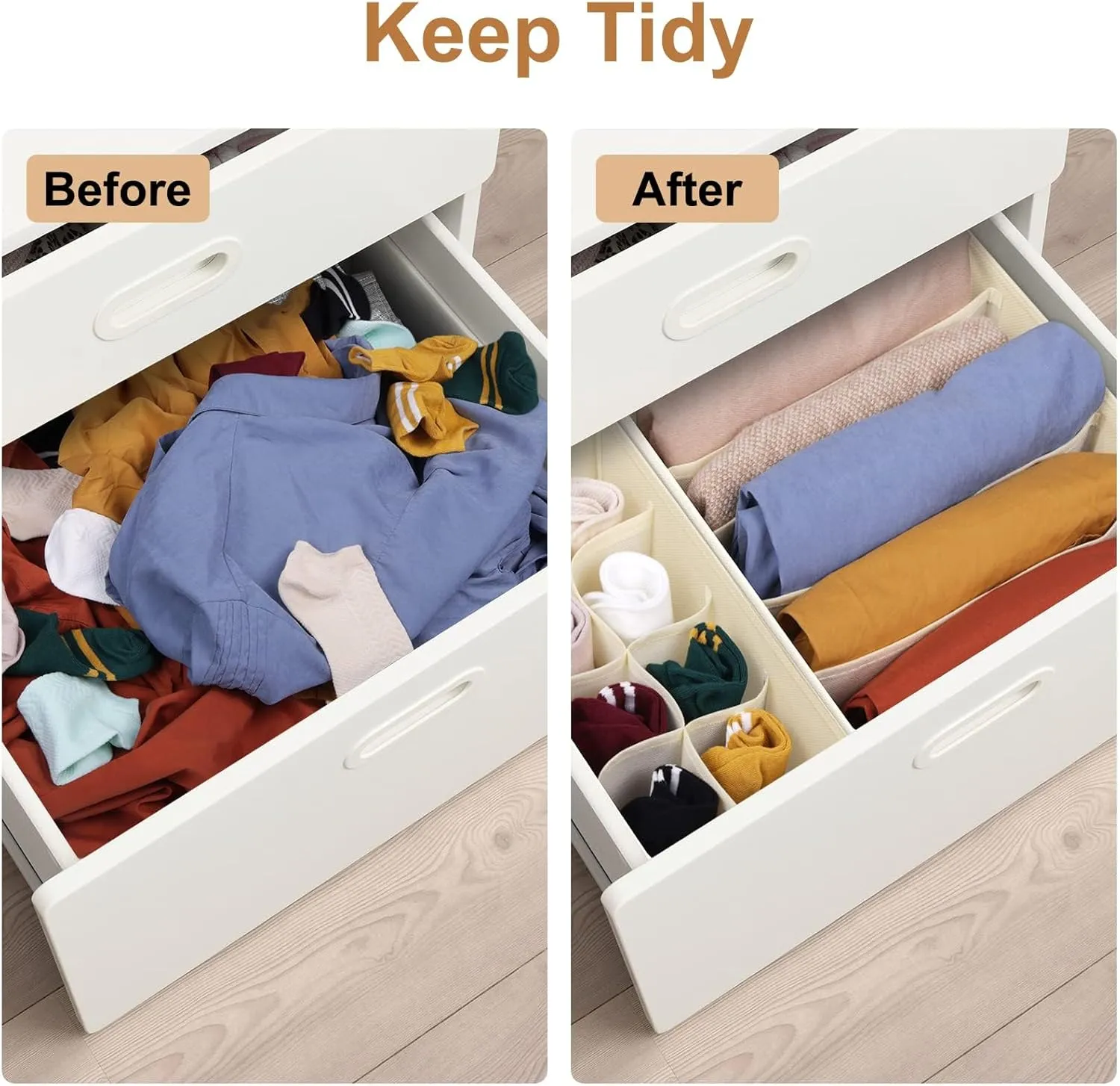 Drawer Organizer Divider, Foldable Closet Storage Organizer Basket, and Fabric Organization Bins for Clothes, Socks, Underwear, Bras, Ties, Accessories, 6 Pcs (Beige & Dark Grey)