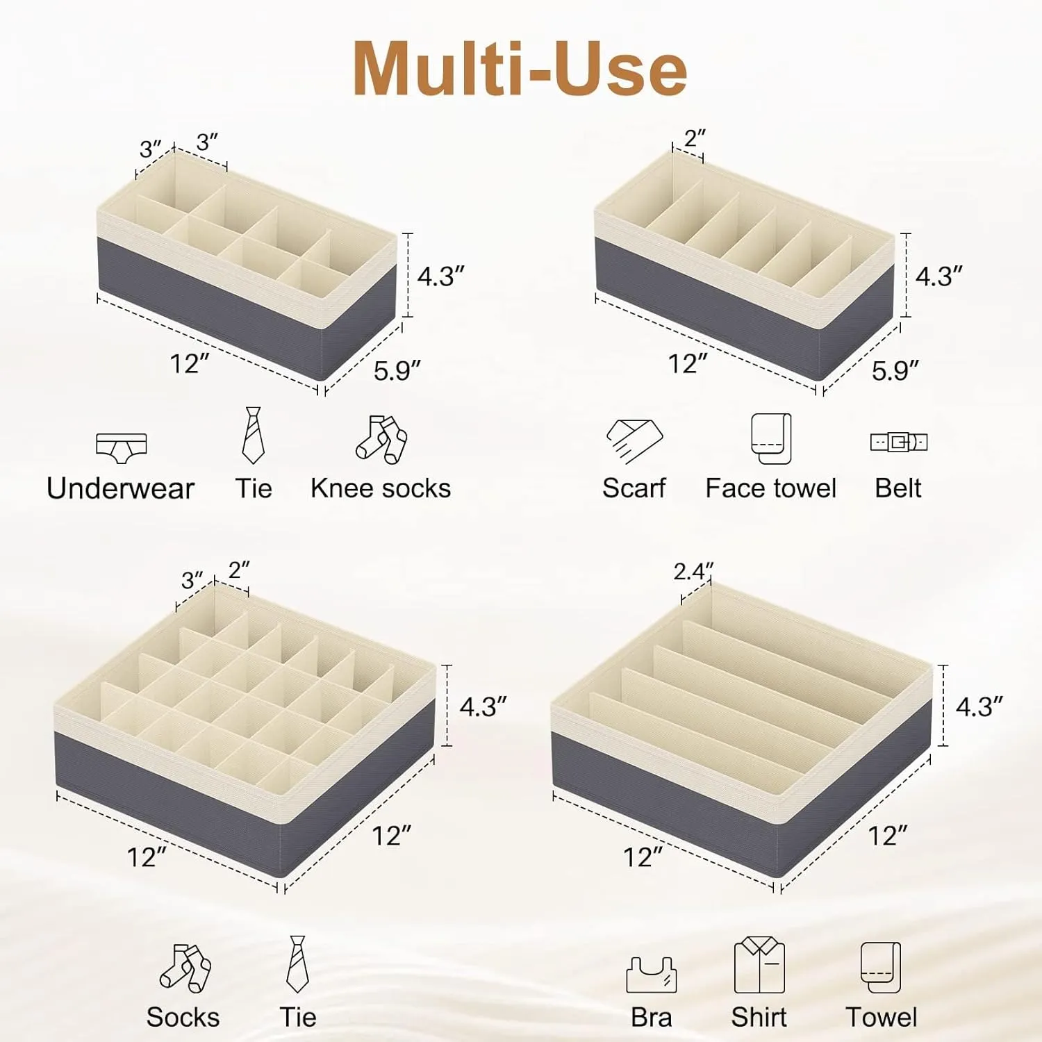 Drawer Organizer Divider, Foldable Closet Storage Organizer Basket, and Fabric Organization Bins for Clothes, Socks, Underwear, Bras, Ties, Accessories, 6 Pcs (Beige & Dark Grey)