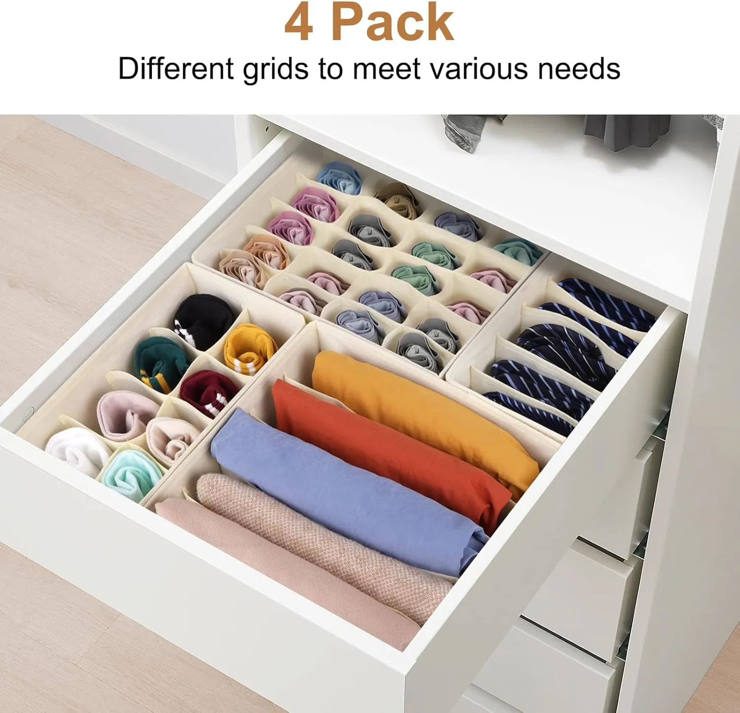 Drawer Organizer Divider, Foldable Closet Storage Organizer Basket, and Fabric Organization Bins for Clothes, Socks, Underwear, Bras, Ties, Accessories, 6 Pcs (Beige & Dark Grey)