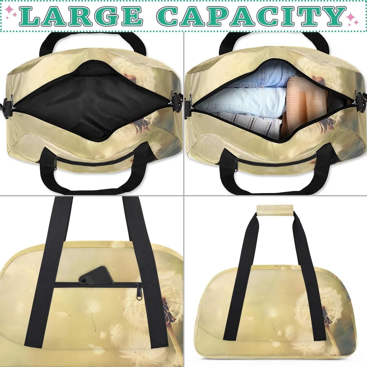 Dream Dandelion Boys Girls Gym Bag Dance Perform Training Duffel Bags Weekender Carry-On Tote Luggage Bag Ideal for School Practice or Overnight Trips Dandelion