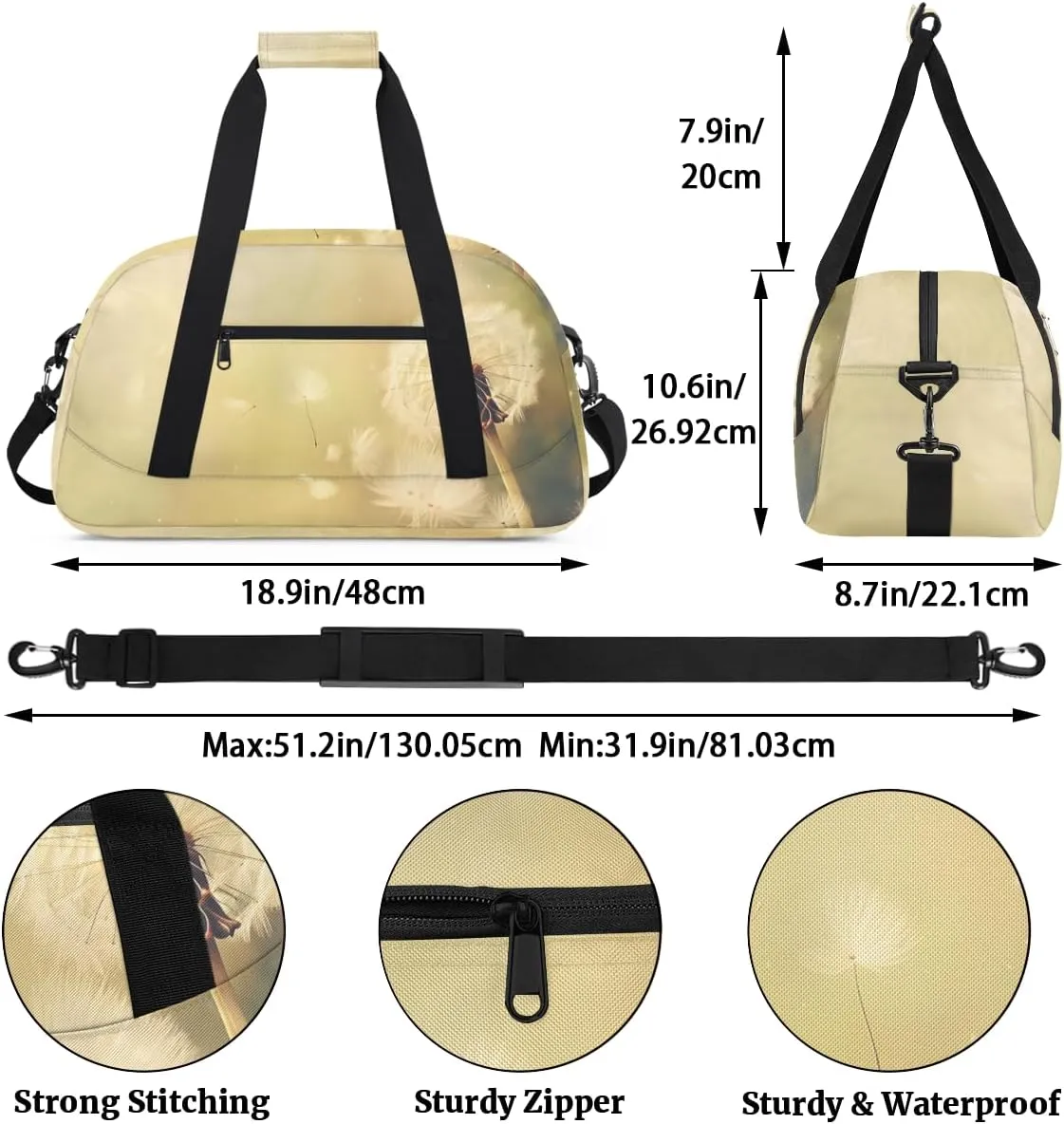Dream Dandelion Boys Girls Gym Bag Dance Perform Training Duffel Bags Weekender Carry-On Tote Luggage Bag Ideal for School Practice or Overnight Trips Dandelion