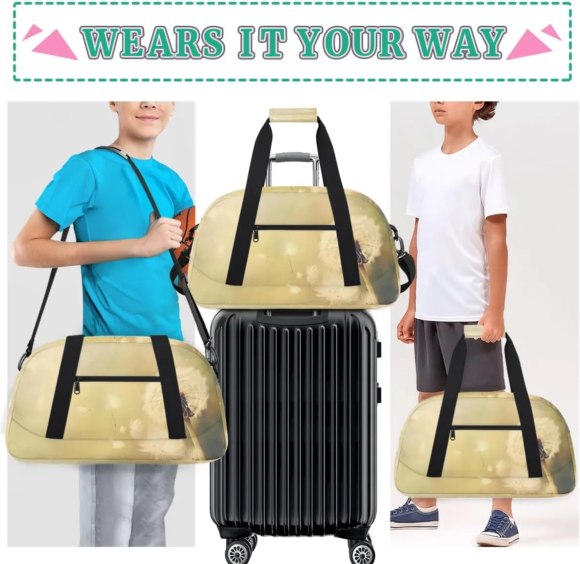 Dream Dandelion Boys Girls Gym Bag Dance Perform Training Duffel Bags Weekender Carry-On Tote Luggage Bag Ideal for School Practice or Overnight Trips Dandelion