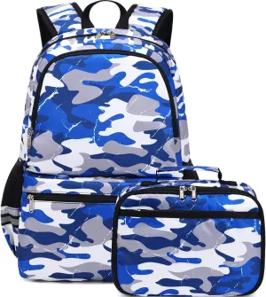 DSIUE Backpacks for Boys School Bags for Kids Elementary Bookbag and Lunch Box Set Camo Blue
