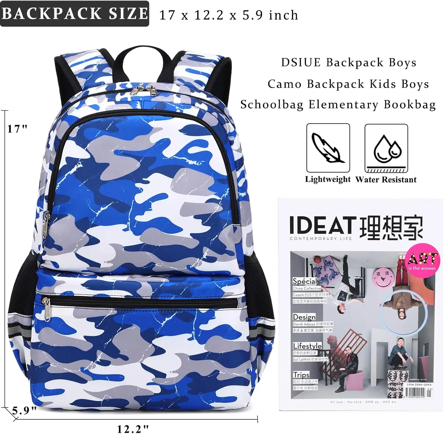 DSIUE Backpacks for Boys School Bags for Kids Elementary Bookbag and Lunch Box Set Camo Blue