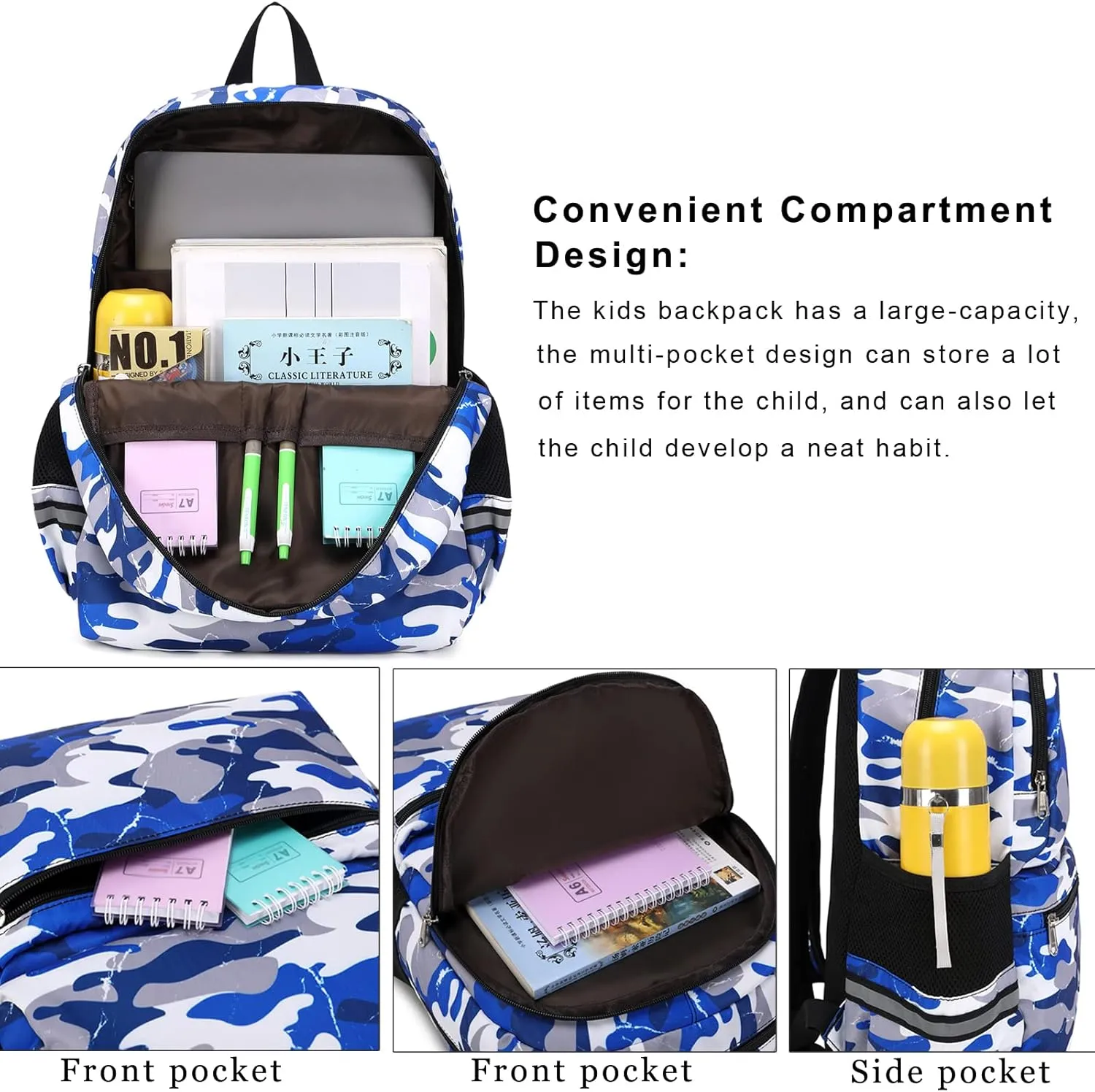 DSIUE Backpacks for Boys School Bags for Kids Elementary Bookbag and Lunch Box Set Camo Blue